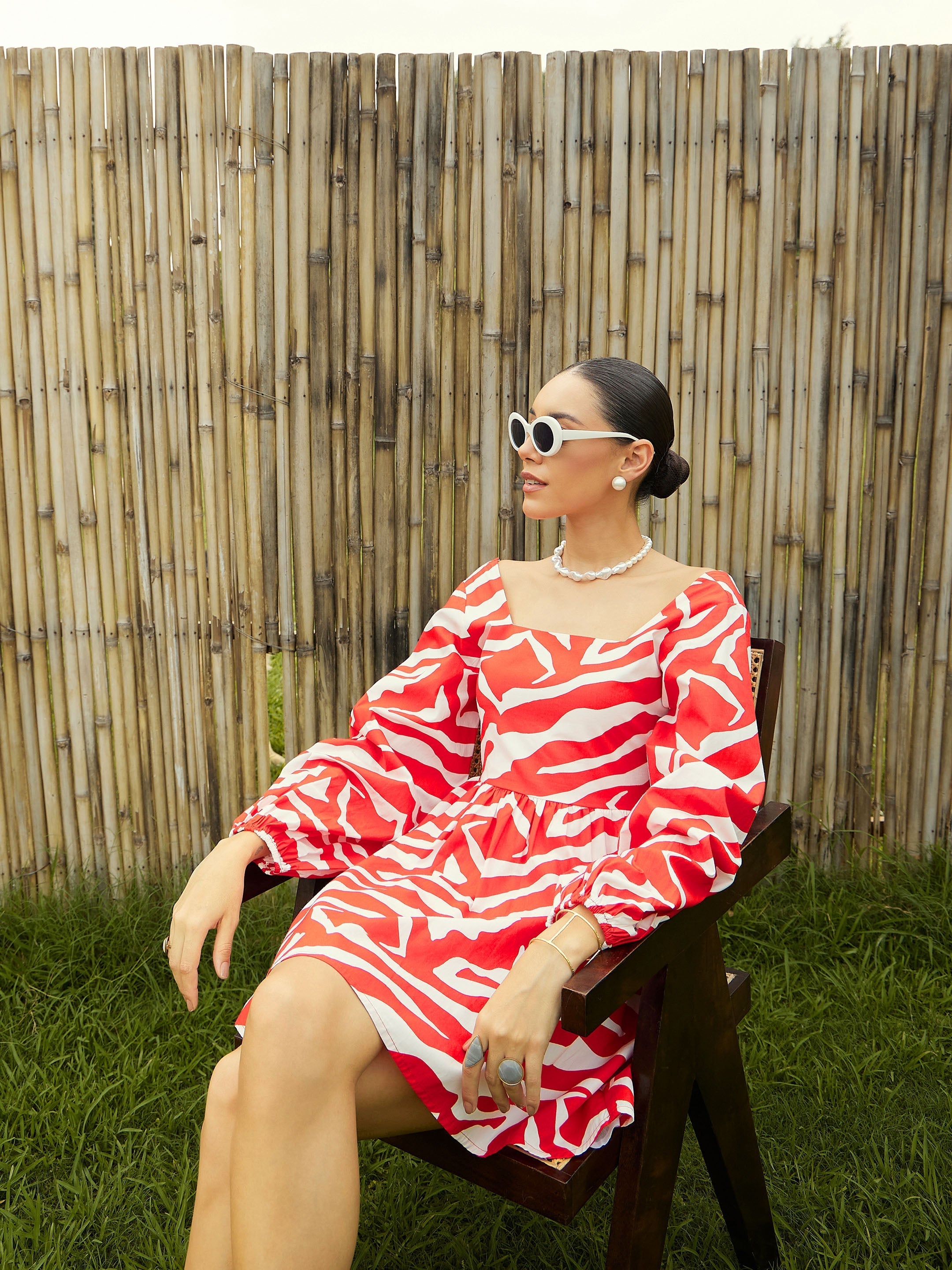 Women Red & White Printeded Back Tie Knot Dress