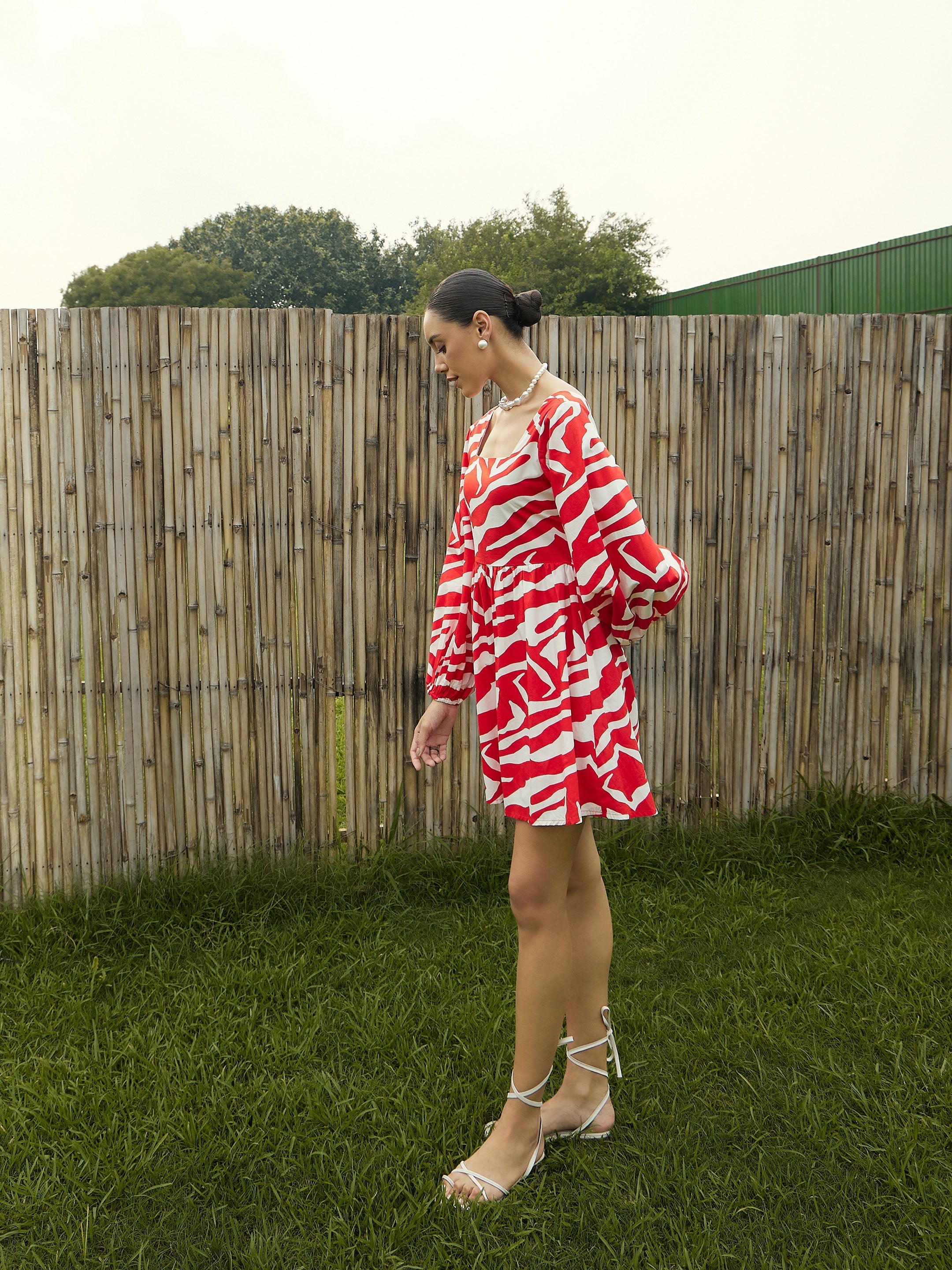 Women Red & White Printeded Back Tie Knot Dress