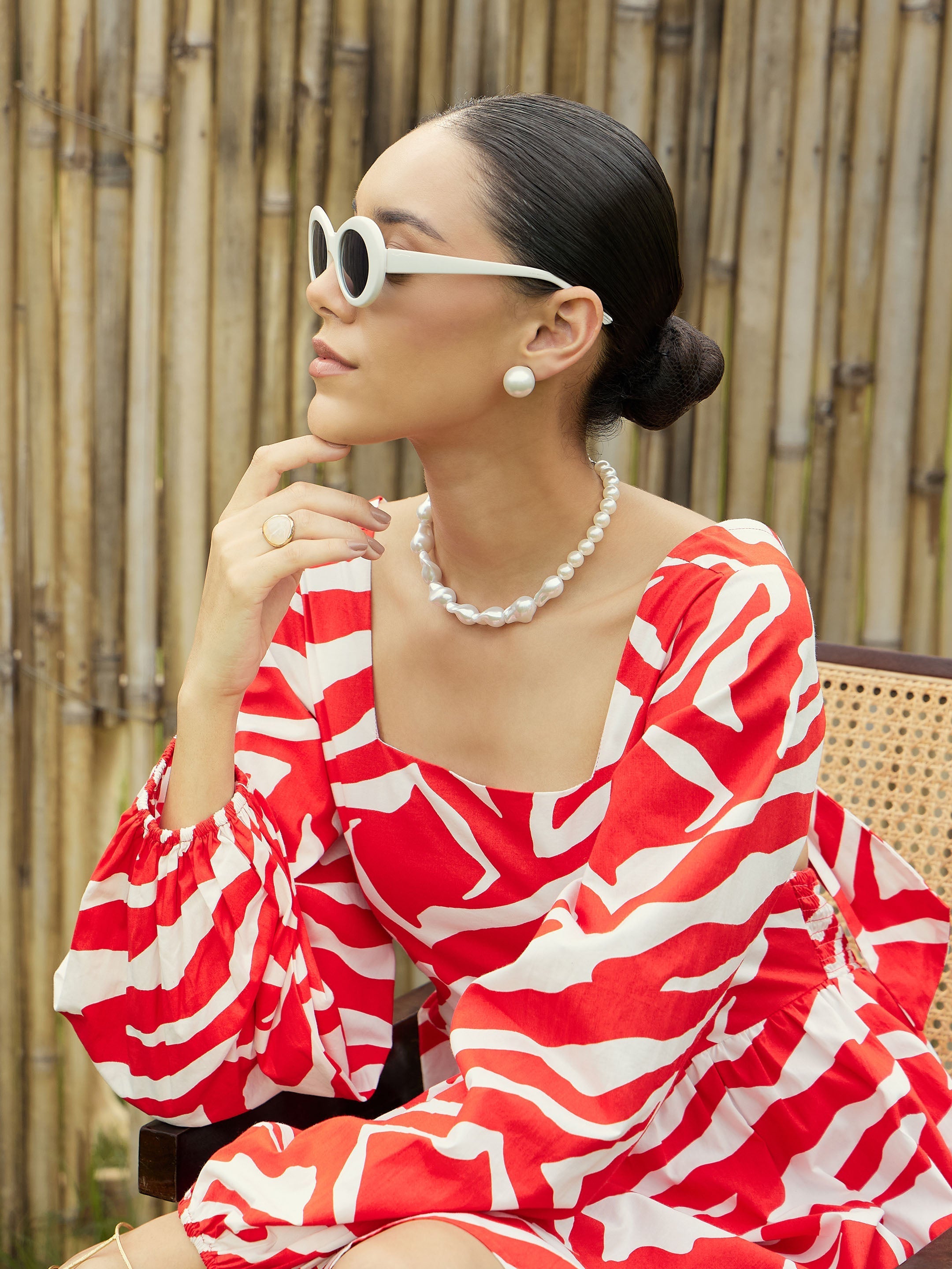 Women Red & White Printeded Back Tie Knot Dress