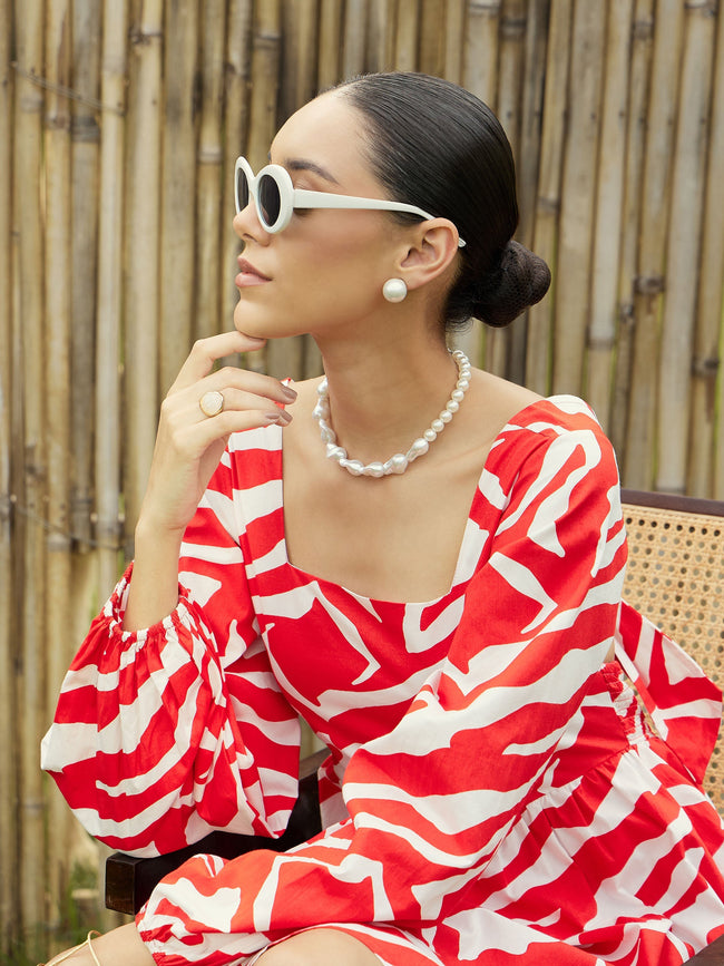 Women Red & White Printeded Back Tie Knot Dress