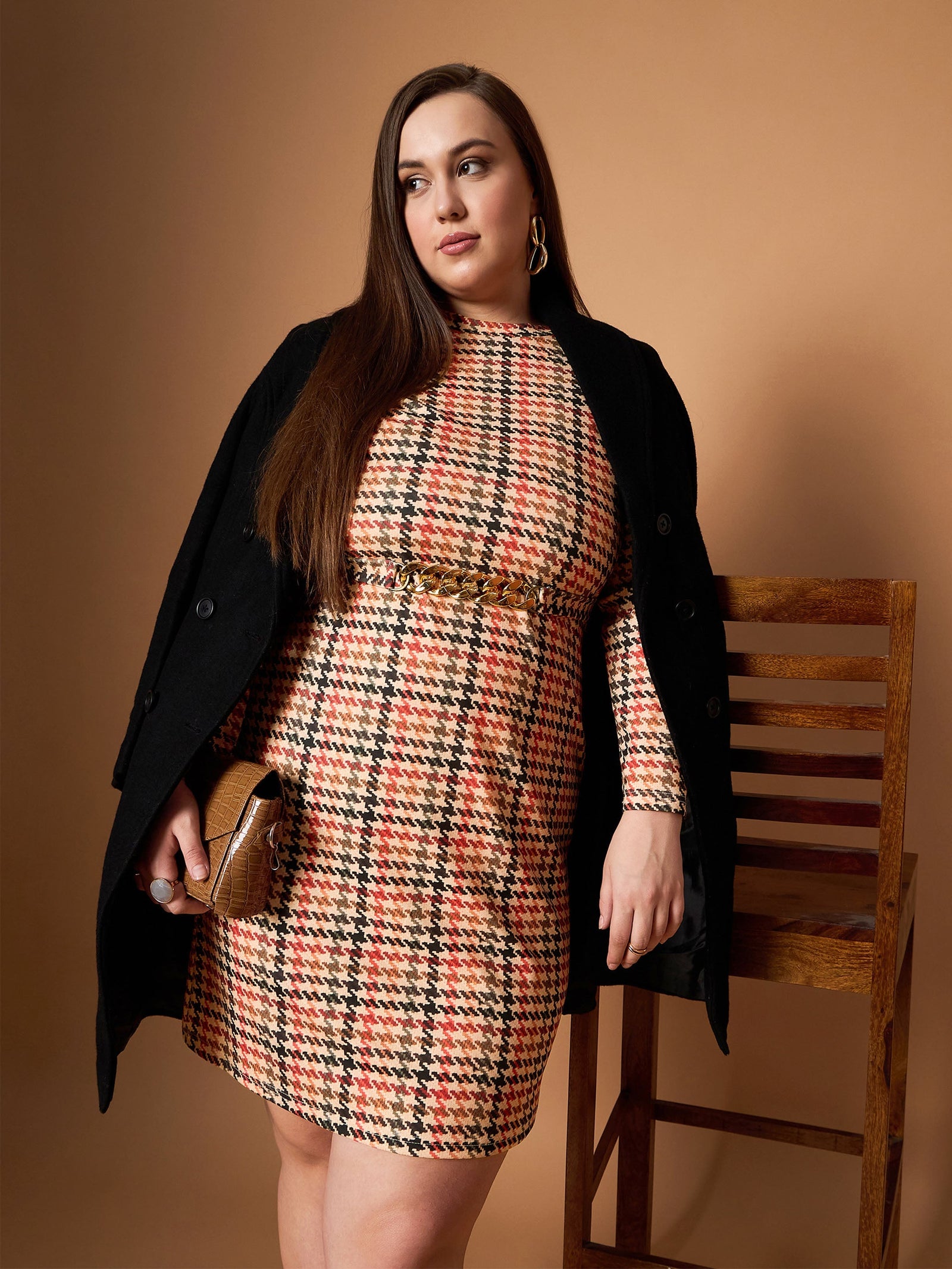 Women Peach Multi Houndstooth Belted Dress