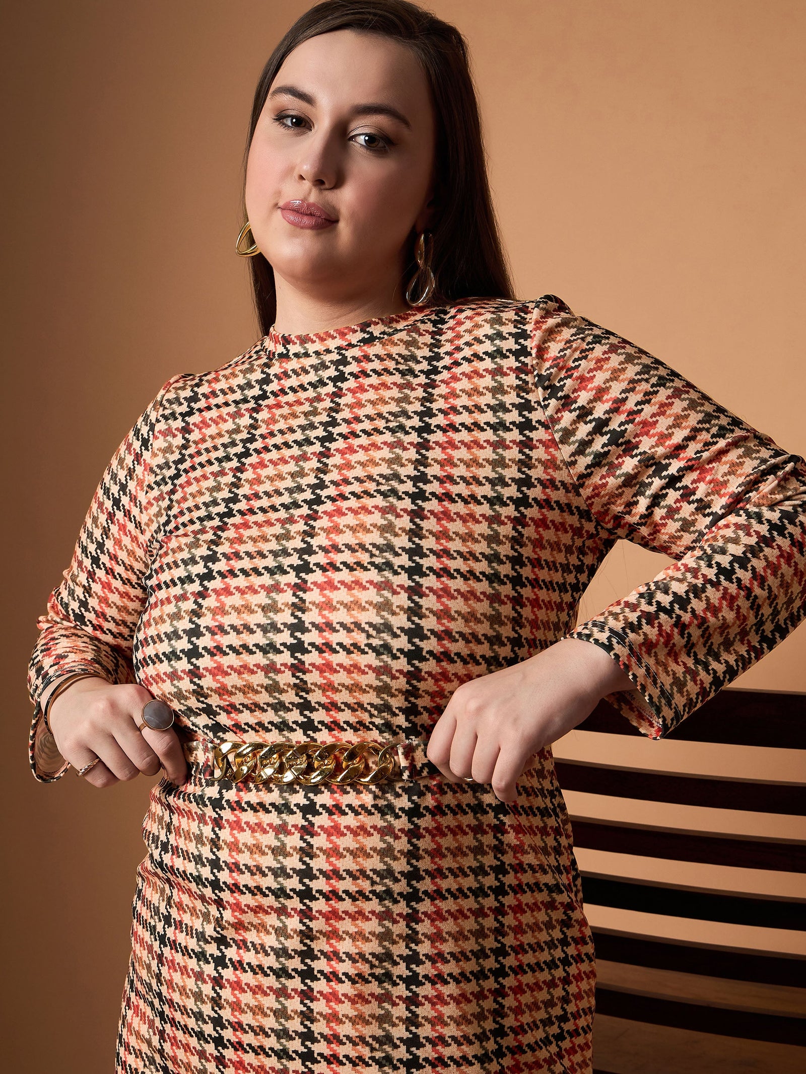 Women Peach Multi Houndstooth Belted Dress