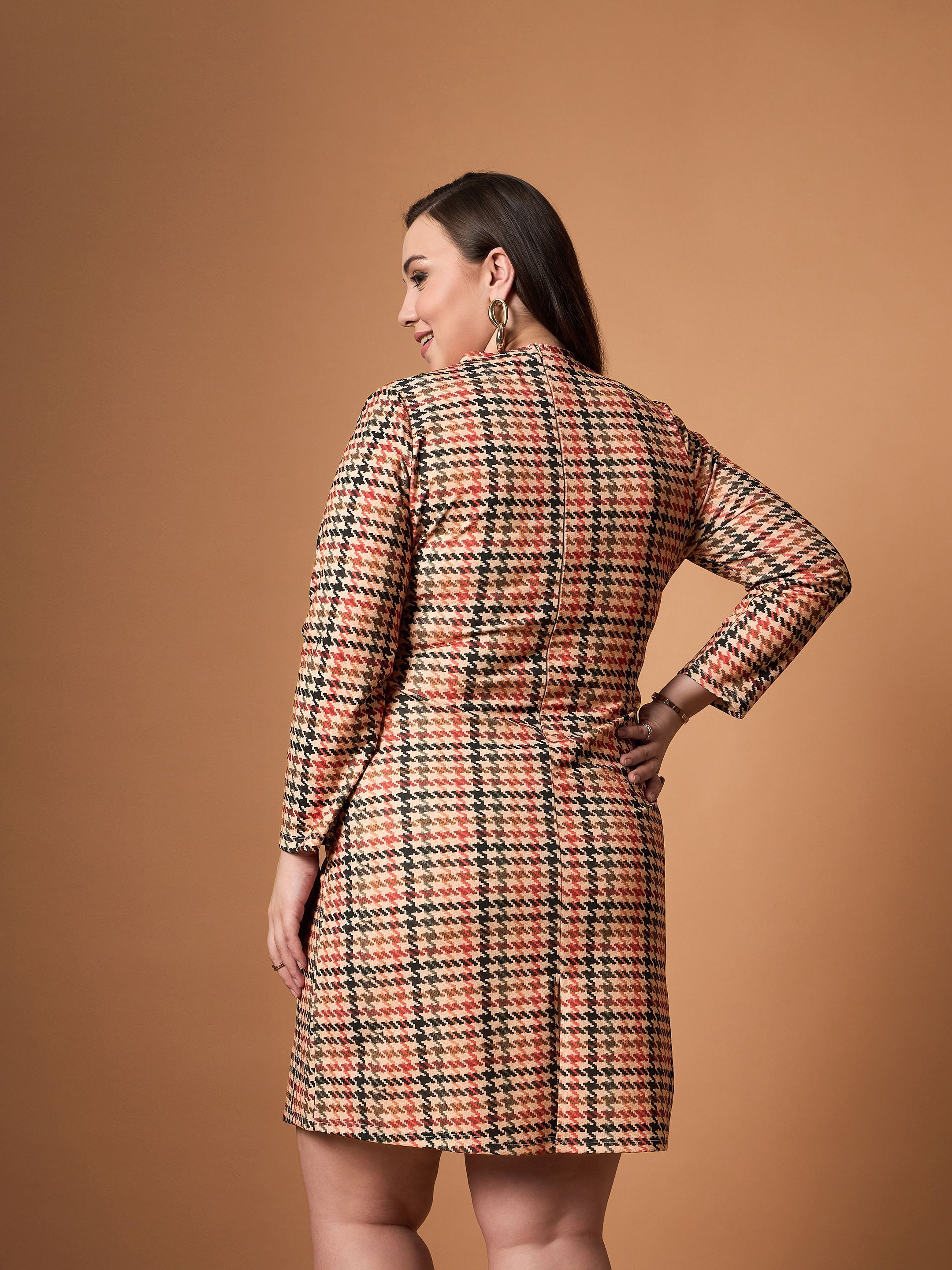 Women Peach Multi Houndstooth Belted Dress