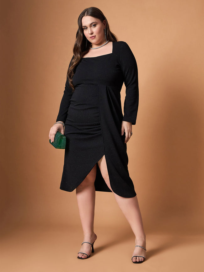 Women Black Glitter Front Slit Dress