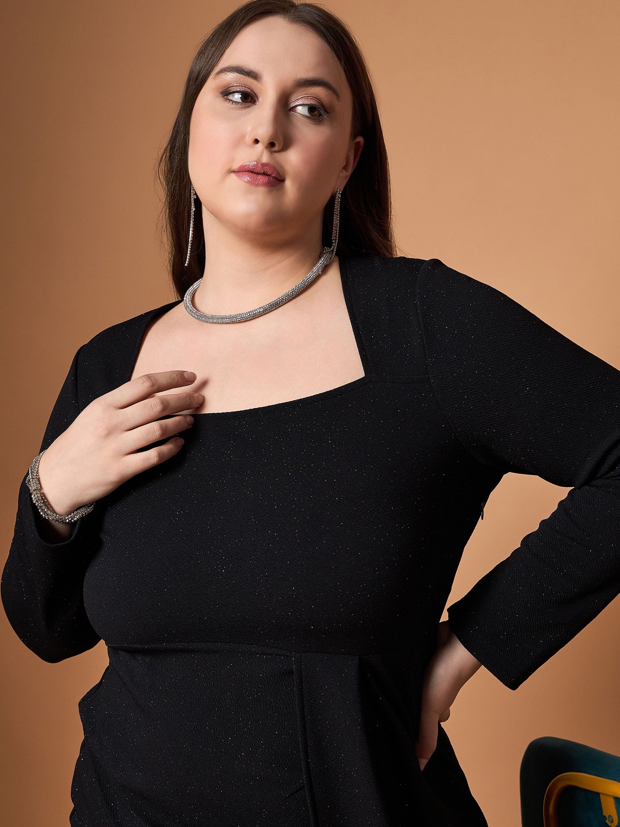 Women Black Glitter Front Slit Dress