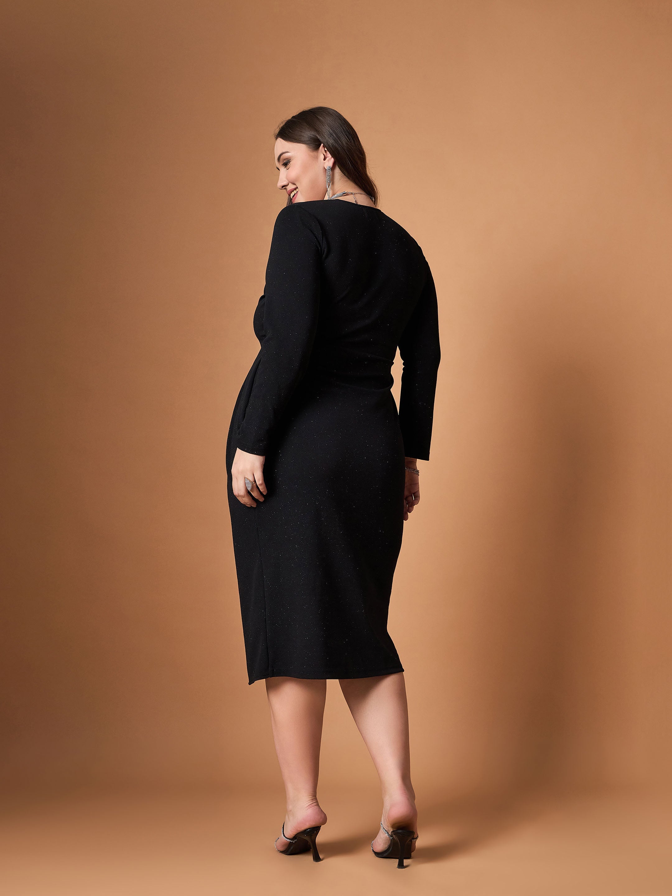 Women Black Glitter Front Slit Dress