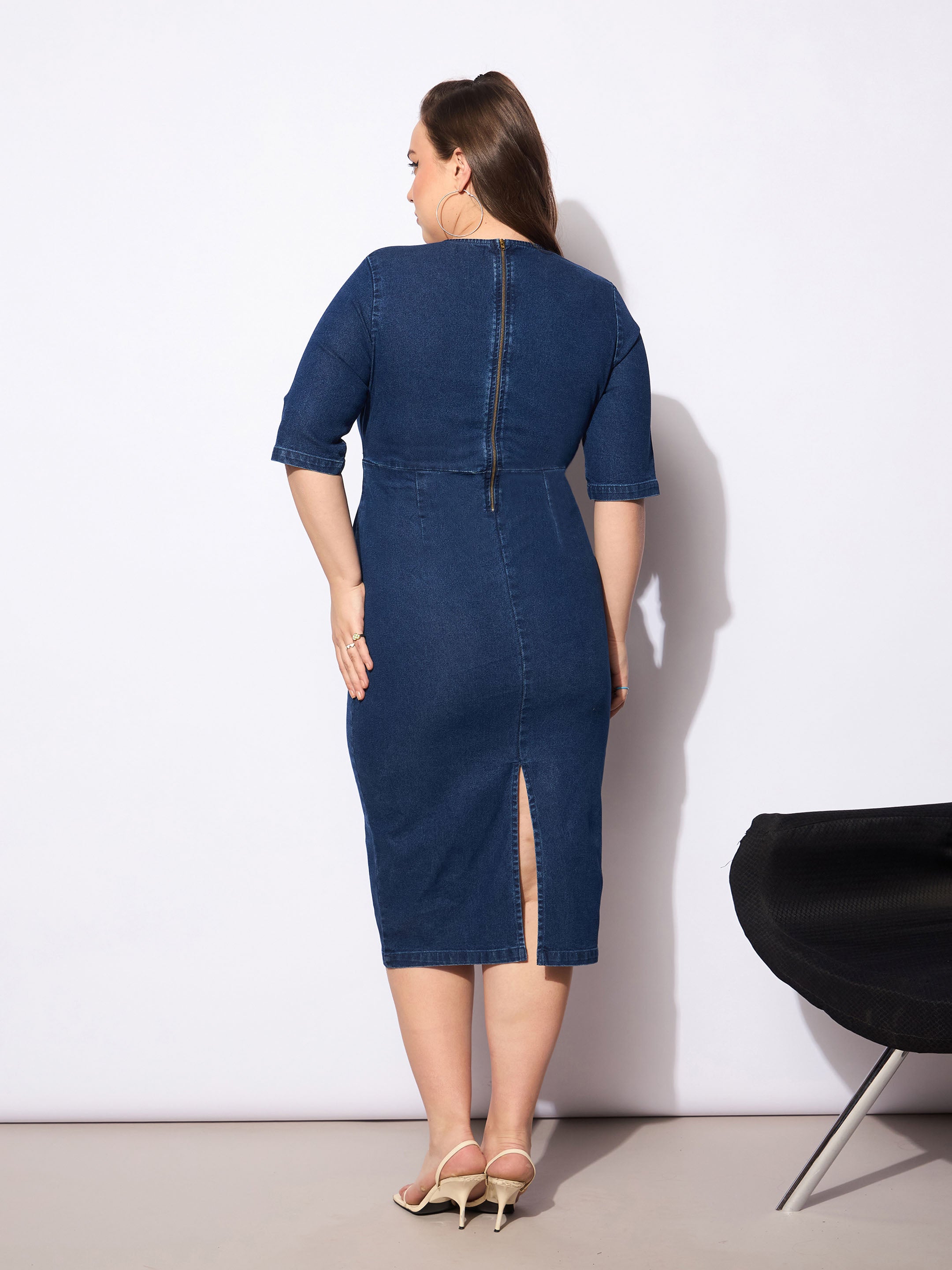 Women Blue Denim V Neck Front Peplum Dress