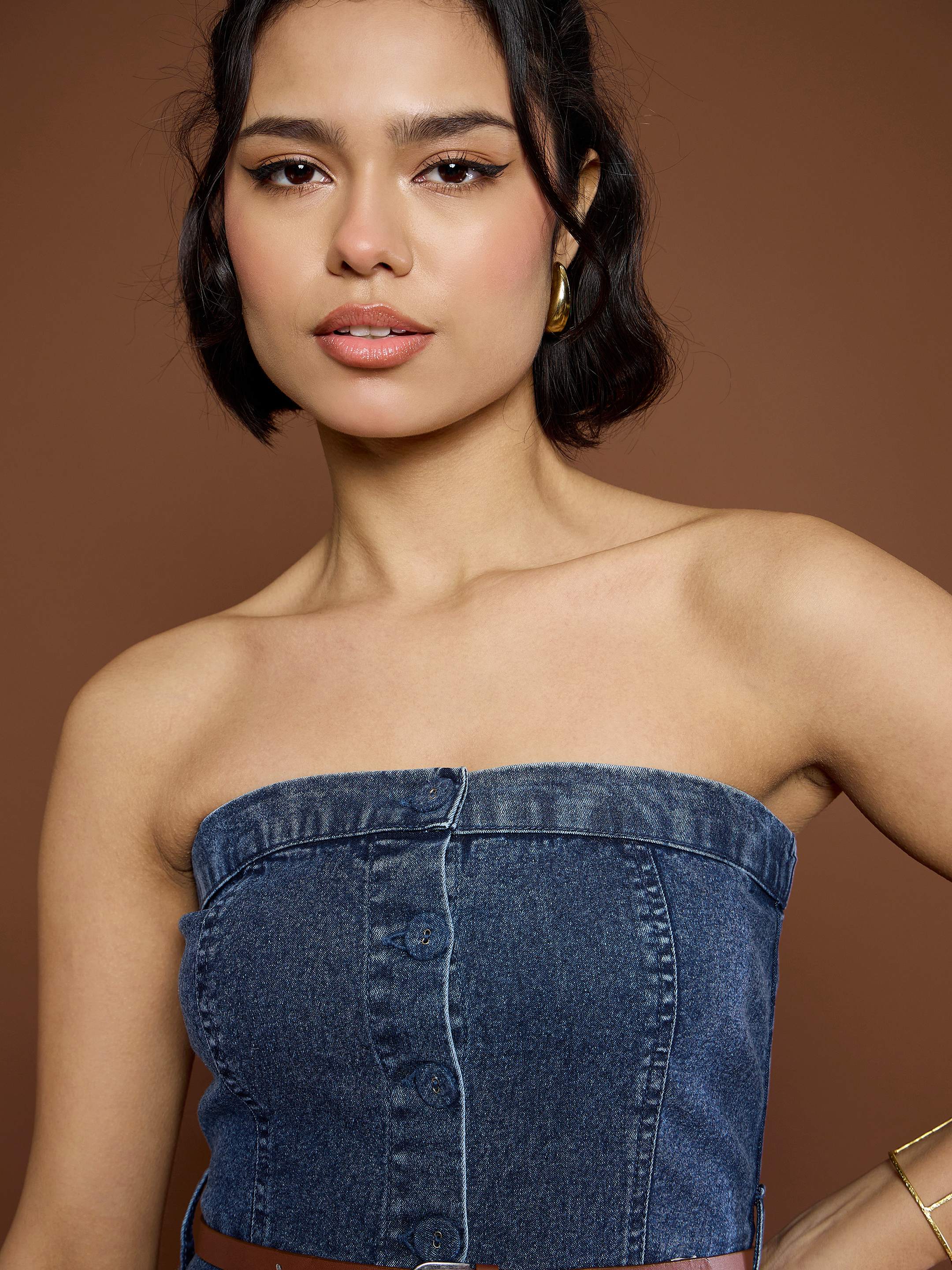 Women Blue Washed Denim Tube Dress