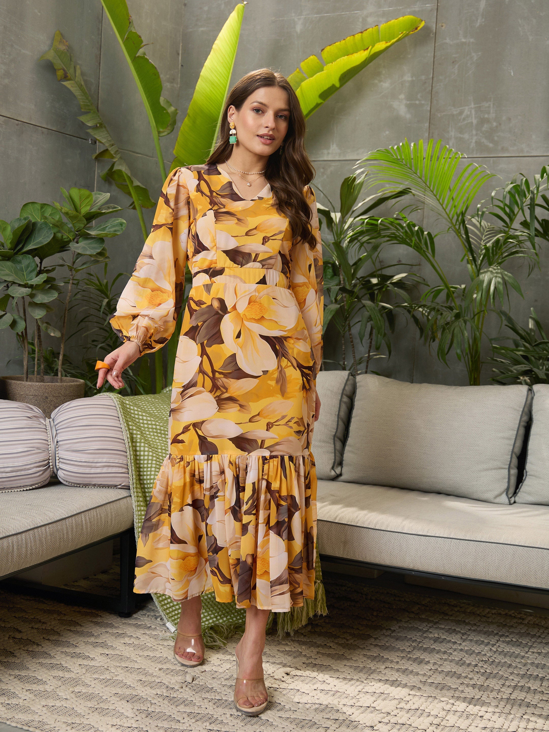 Women Yellow Floral Baloon Sleeve Midi Dress