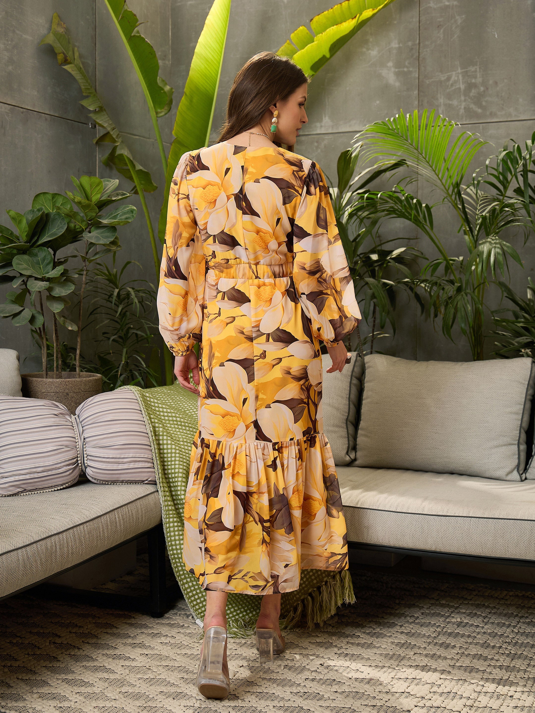 Women Yellow Floral Baloon Sleeve Midi Dress