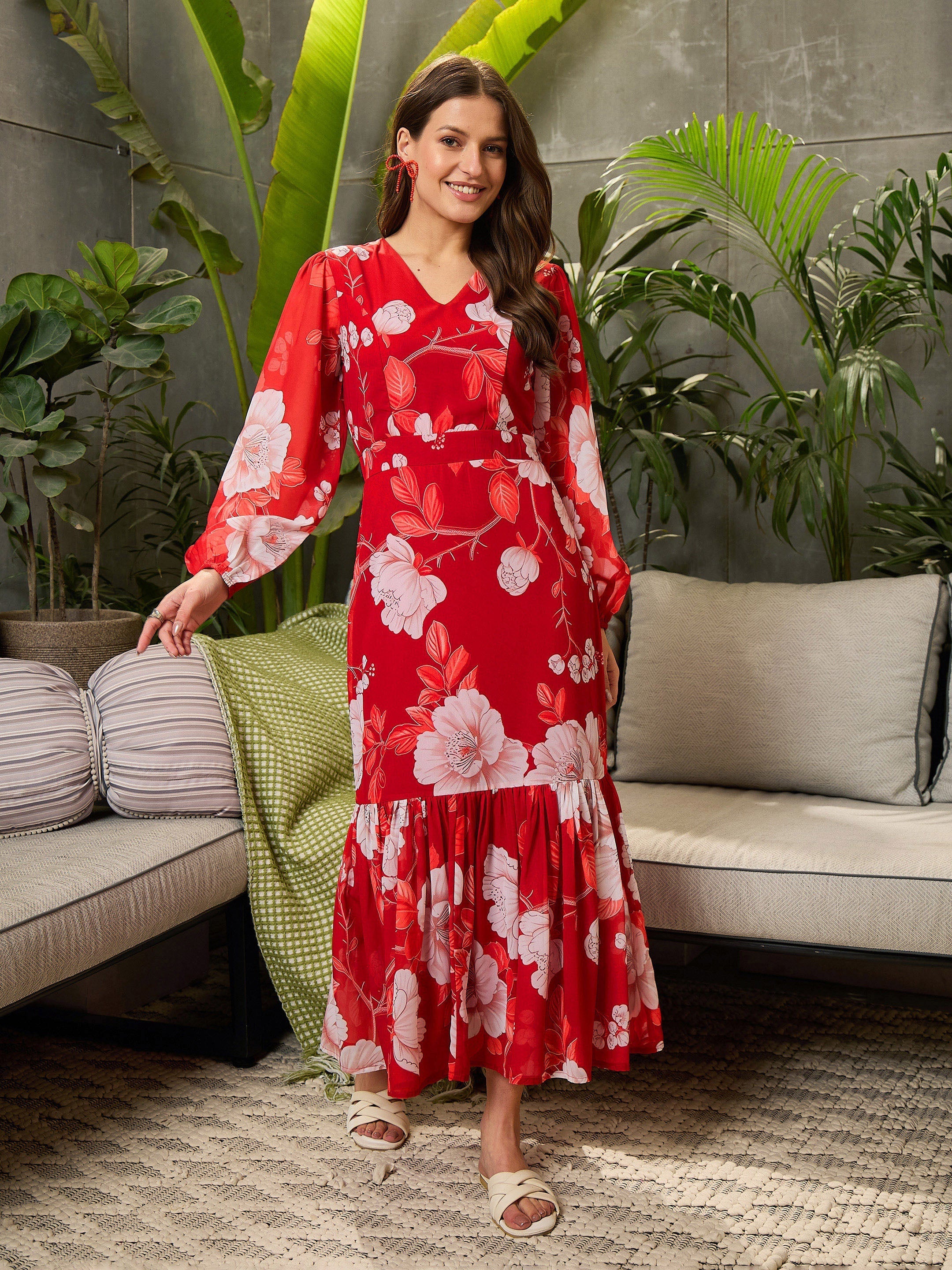 Women Red Floral Baloon Sleeve Midi Dress
