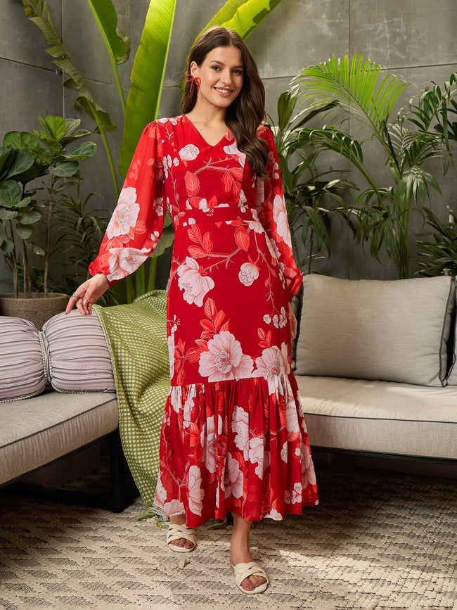 Women Red Floral Baloon Sleeve Midi Dress