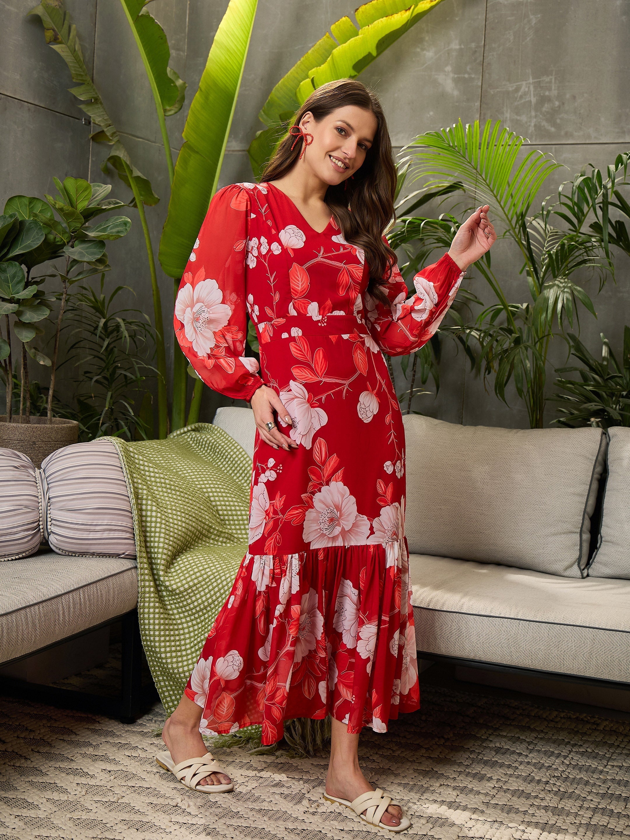Women Red Floral Baloon Sleeve Midi Dress