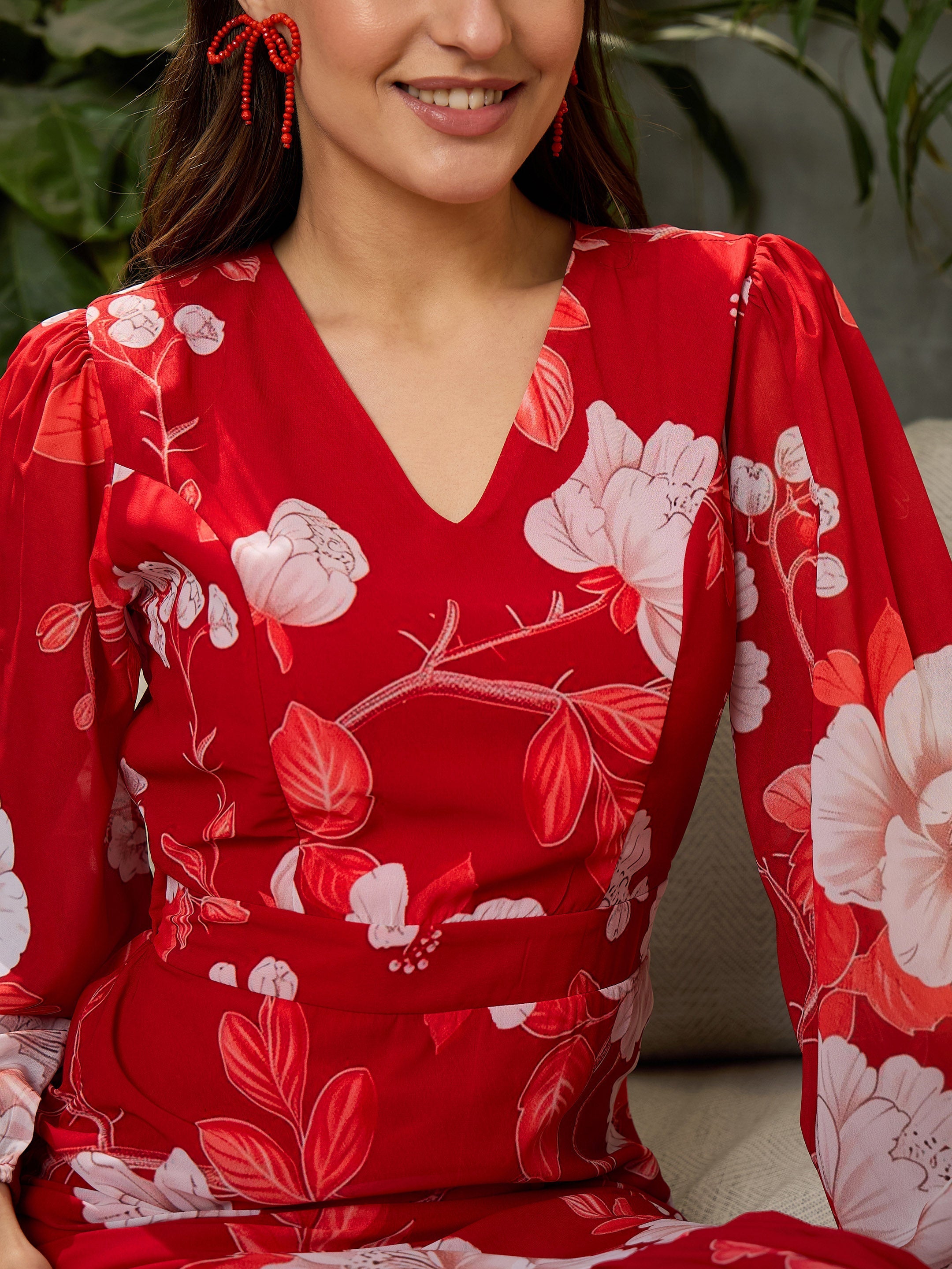 Women Red Floral Baloon Sleeve Midi Dress