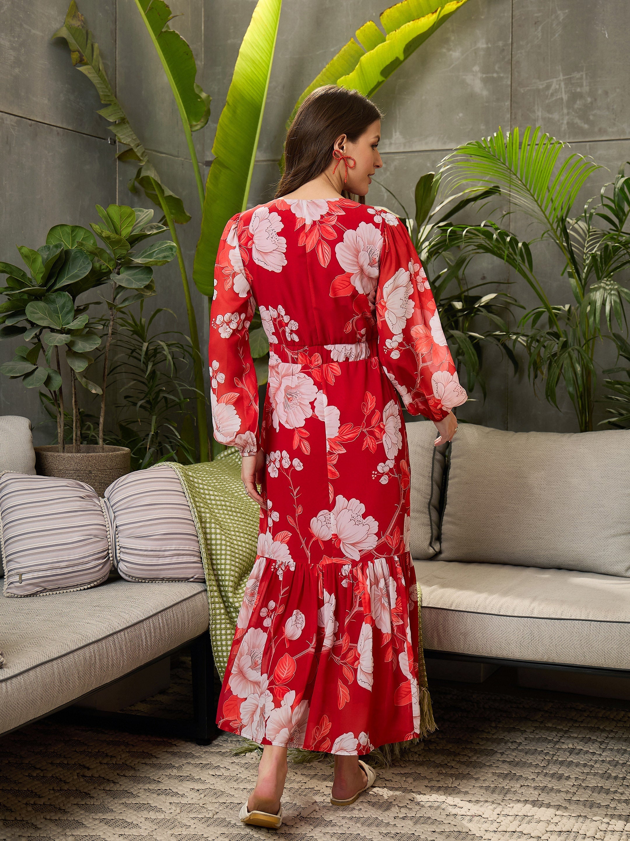 Women Red Floral Baloon Sleeve Midi Dress