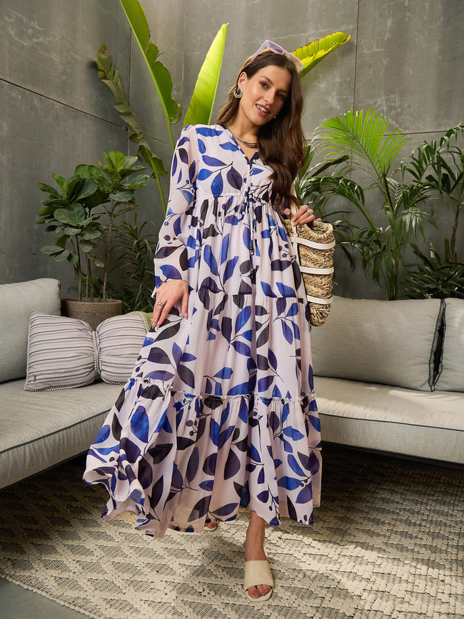 Women White Floral Tiered Maxi Dress