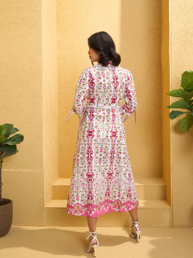 Women White Floral Front Button Belt Midi Dress