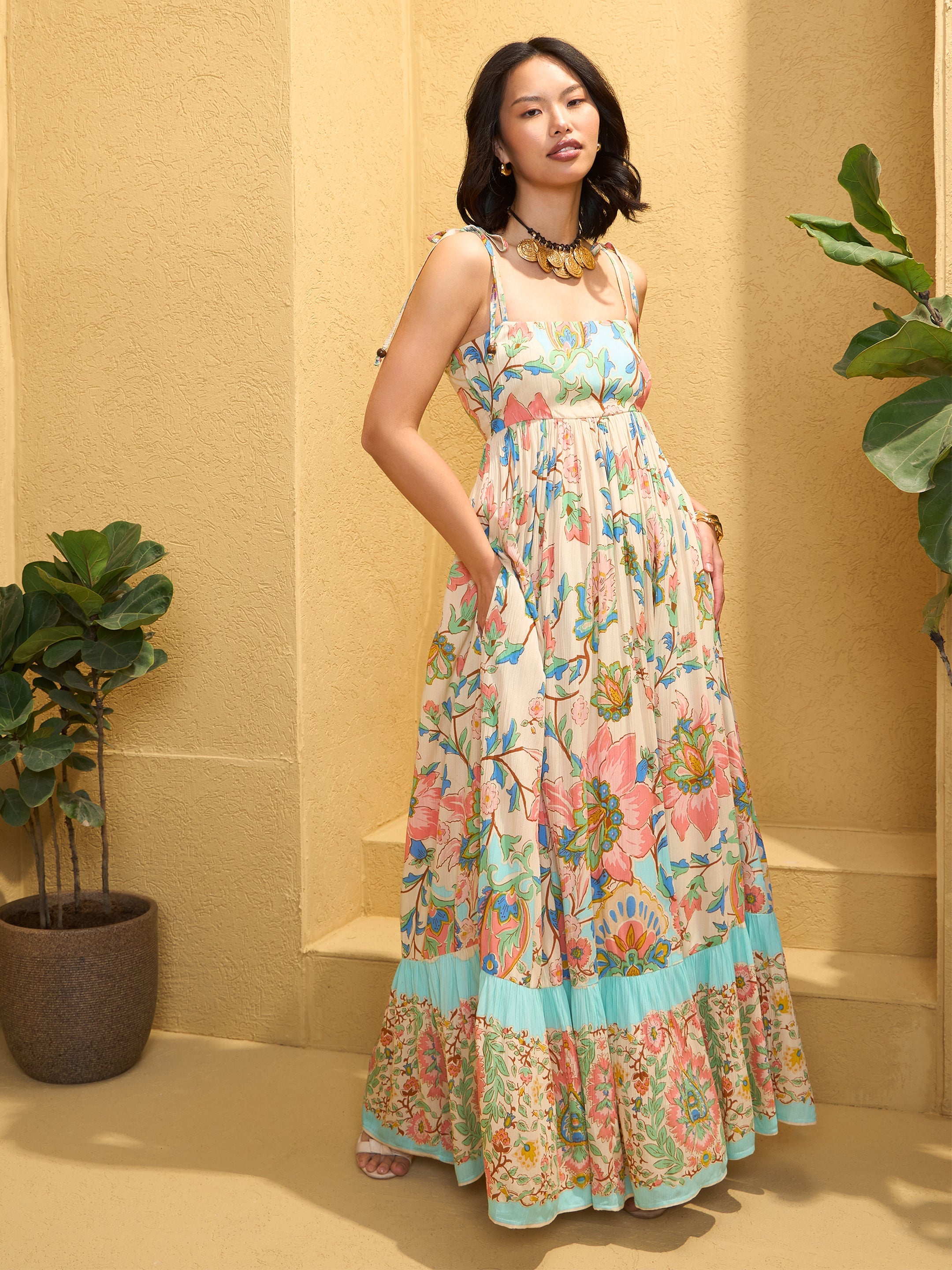 Women Beige Floral Strappy Tie-up Maxi Dress