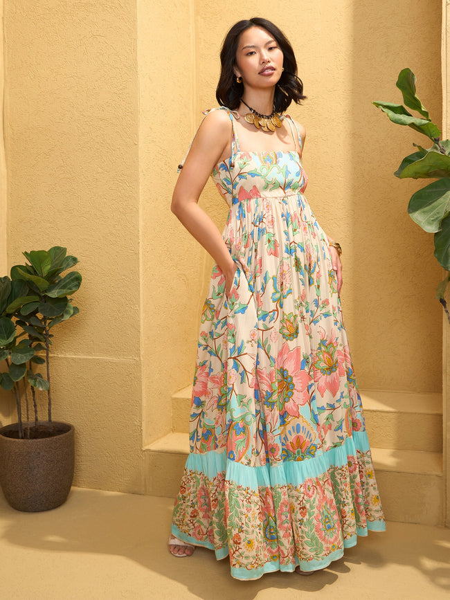 Women Beige Floral Strappy Tie-up Maxi Dress