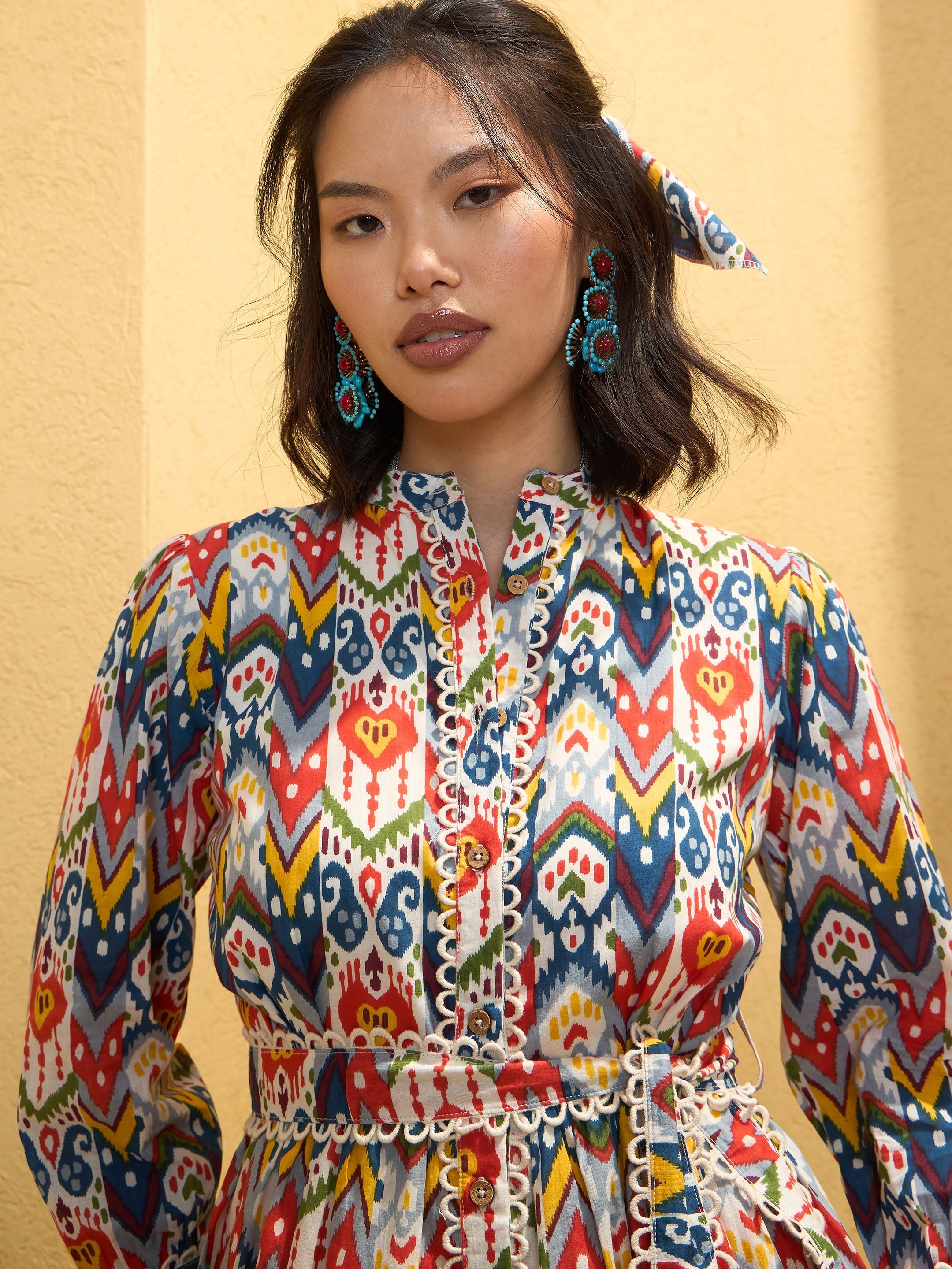 Women White Multi Ikat Short Shirt Dress