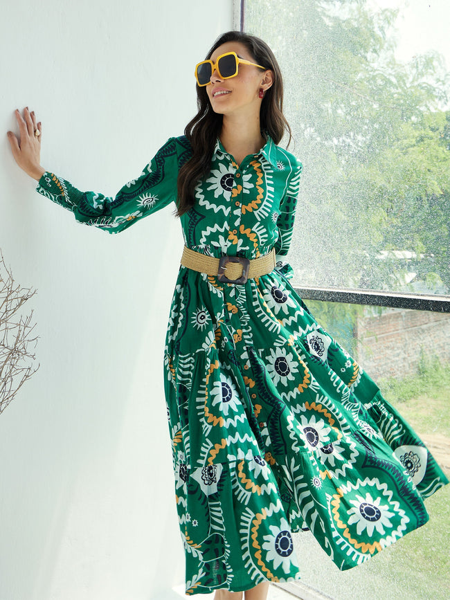 Women Green Floral Front-Button Midi Dress