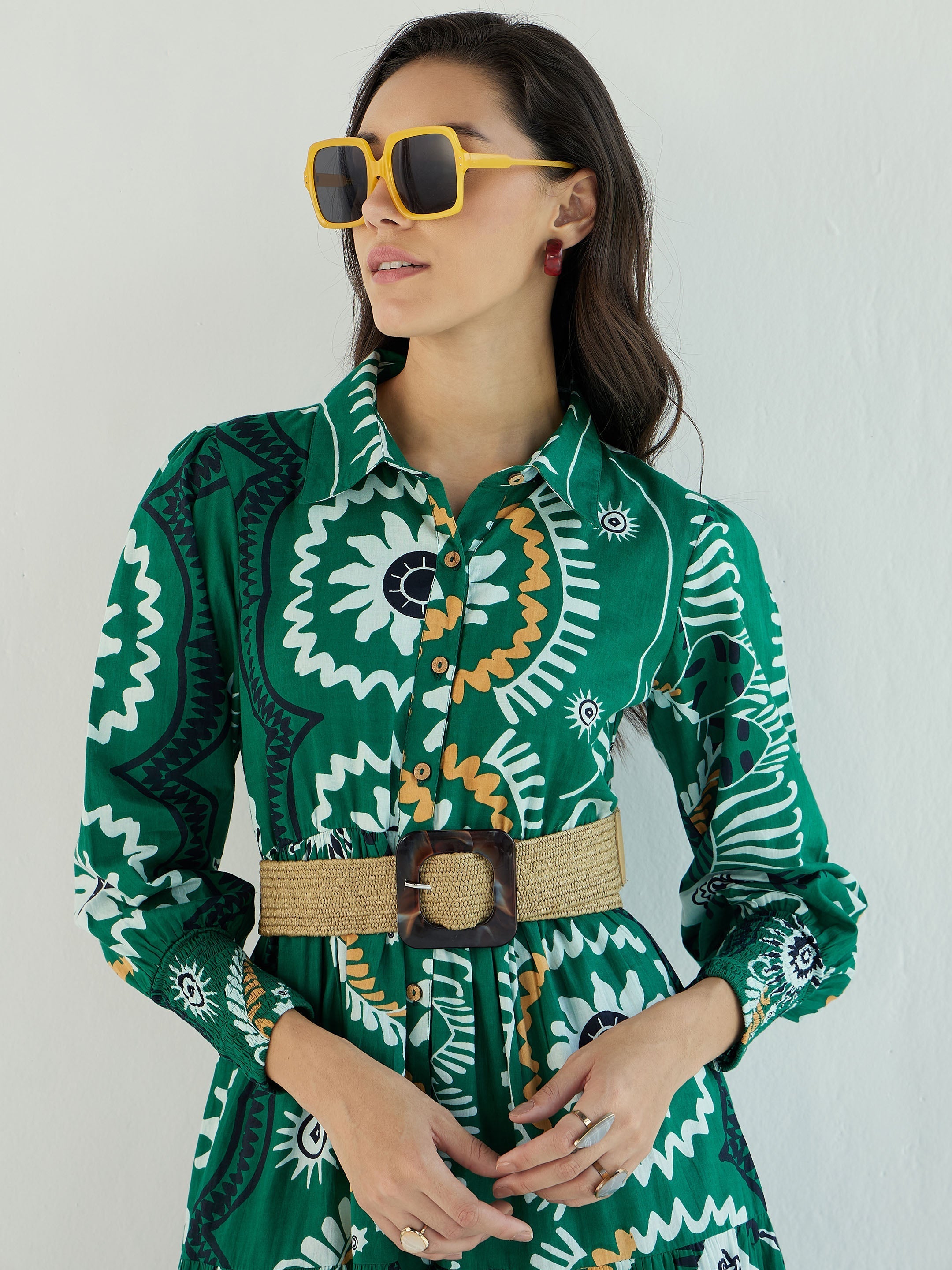 Women Green Floral Front-Button Midi Dress
