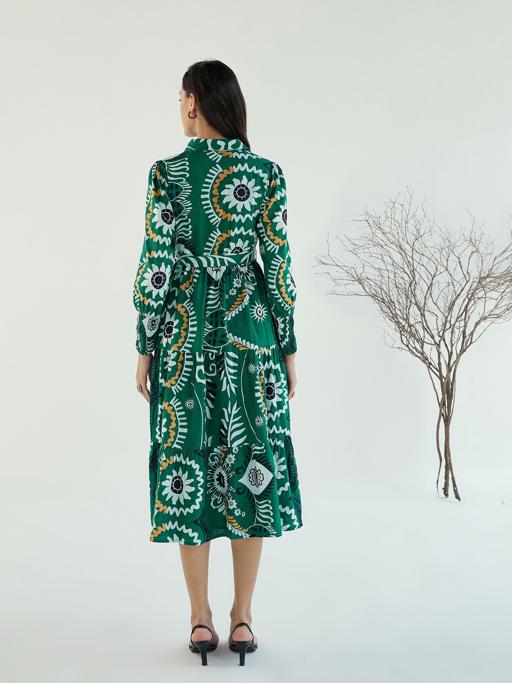 Women Green Floral Front-Button Midi Dress