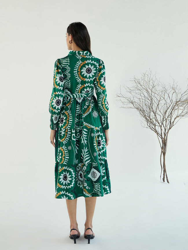 Women Green Floral Front-Button Midi Dress