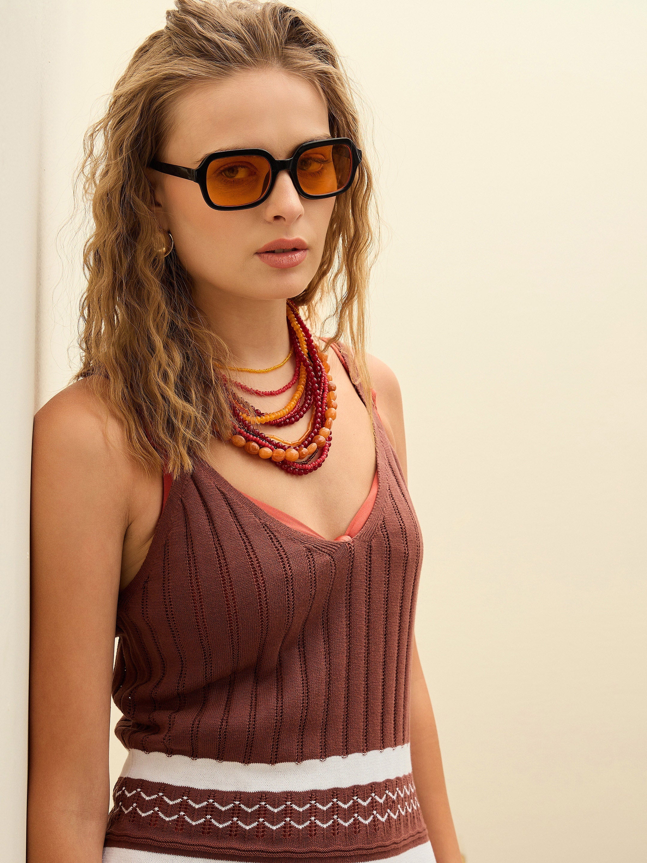 Women Brown & White Crochet Variegated Striped Strappy Beach Maxi