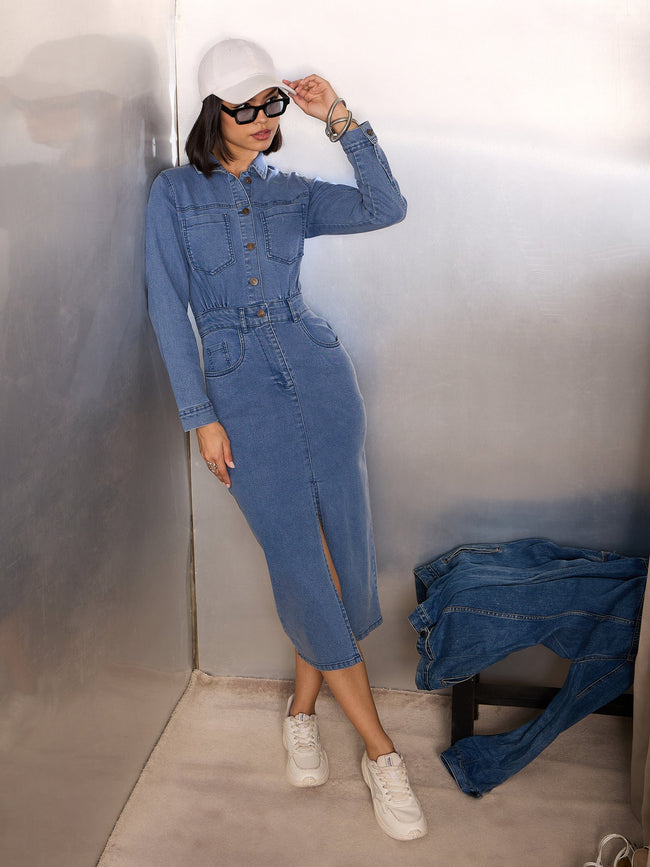 Women Blue Denim Front Slit Midi Dress