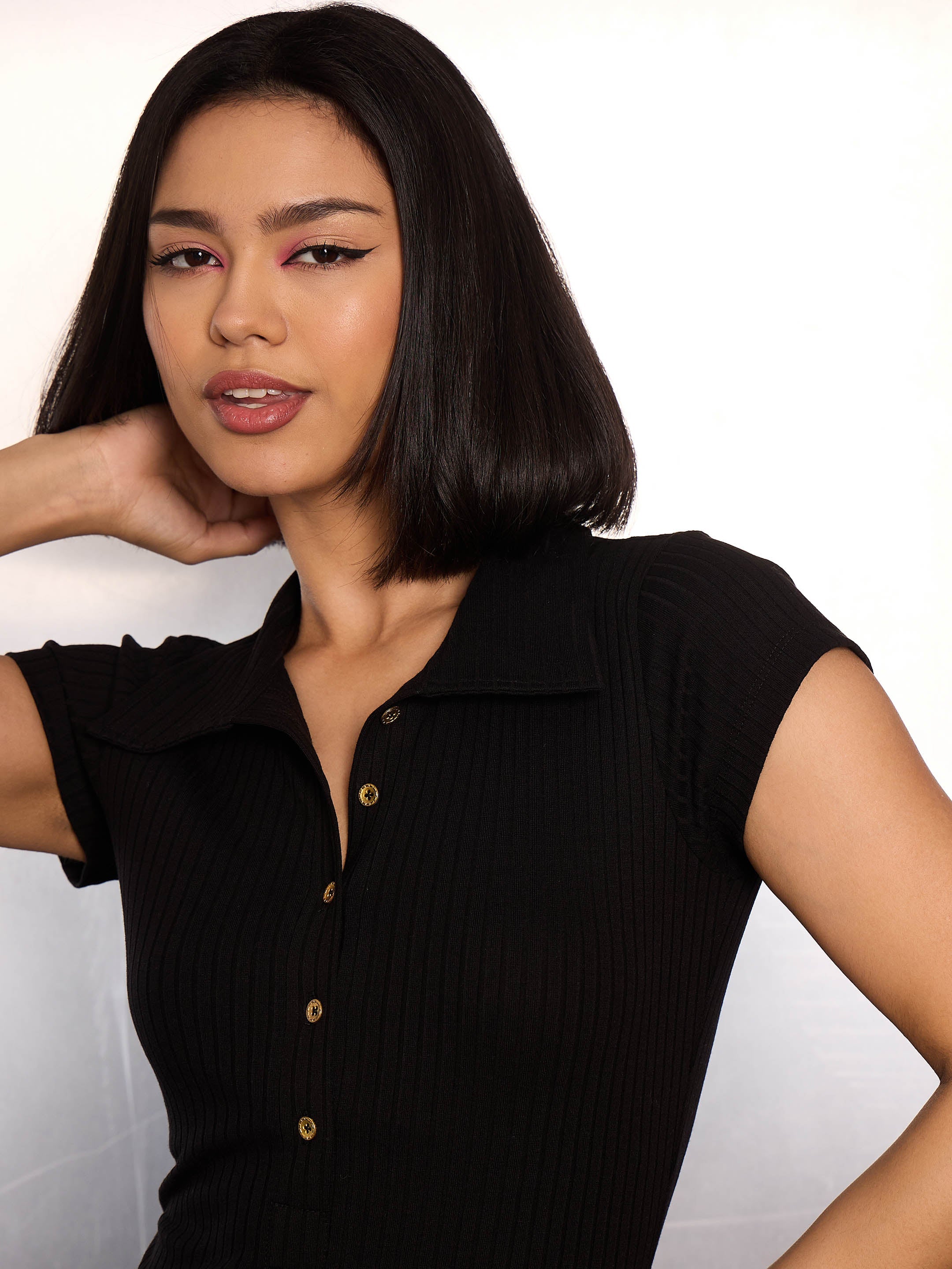 Women Black Rib Cap Sleeve Midi Dress