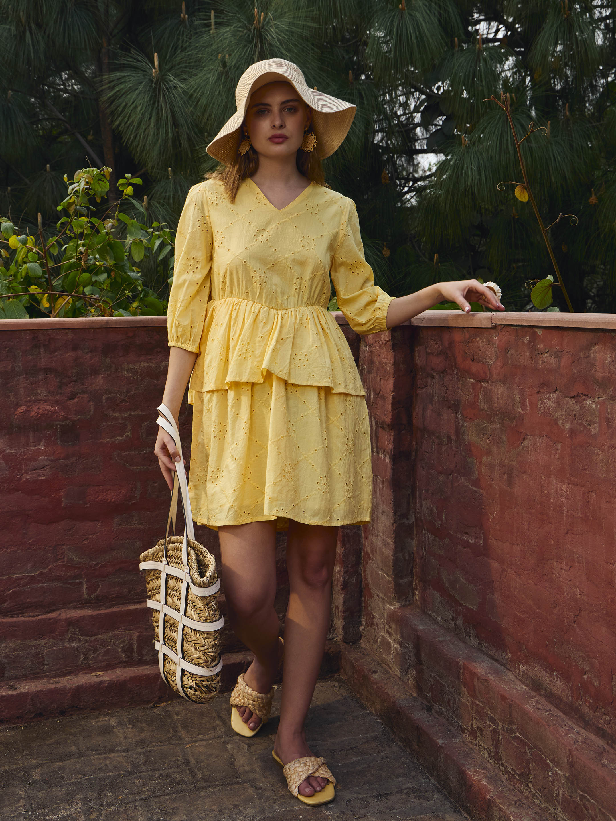 Women Yellow Schiffli V-Neck Frill Detail Short Dress