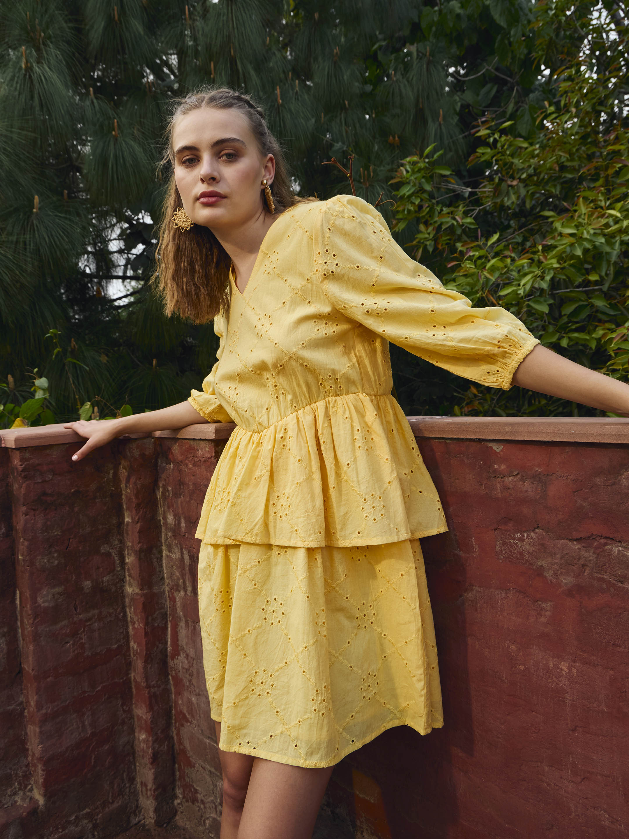 Women Yellow Schiffli V-Neck Frill Detail Short Dress