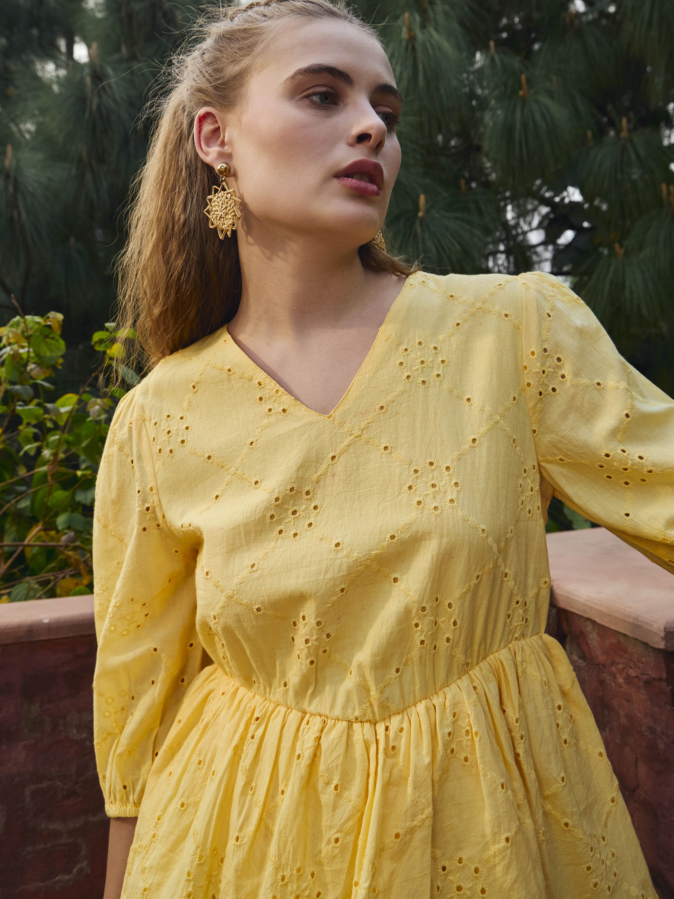 Women Yellow Schiffli V-Neck Frill Detail Short Dress