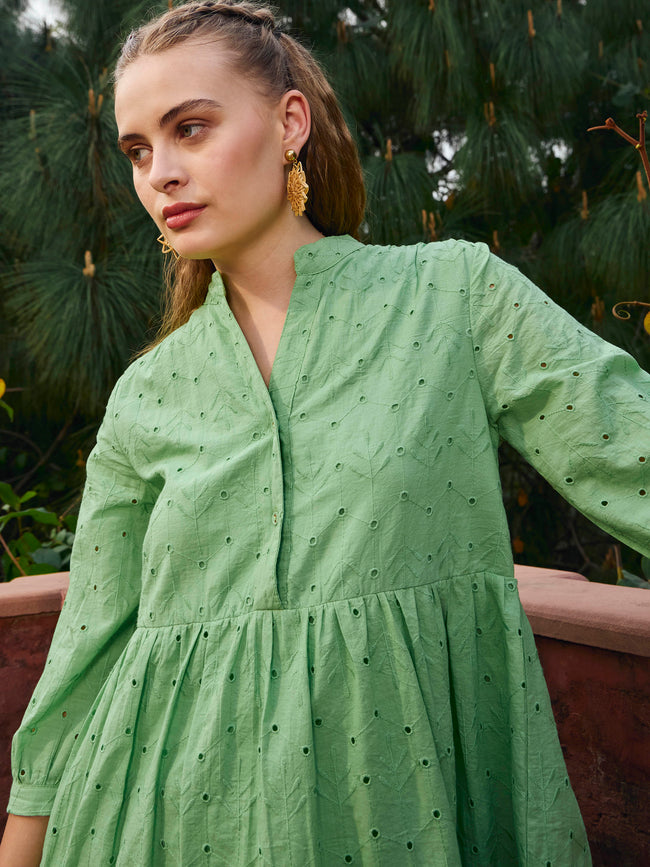 Women Green Schiffli Mandarin Collar Short Dress FYVA Women Green Schiffli Mandarin Collar Short Dress FYVA