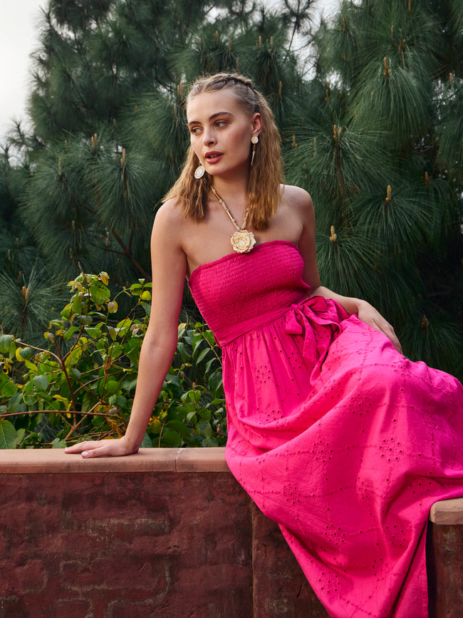 Women Magenta Schiffli Smocking Detail Midi Dress