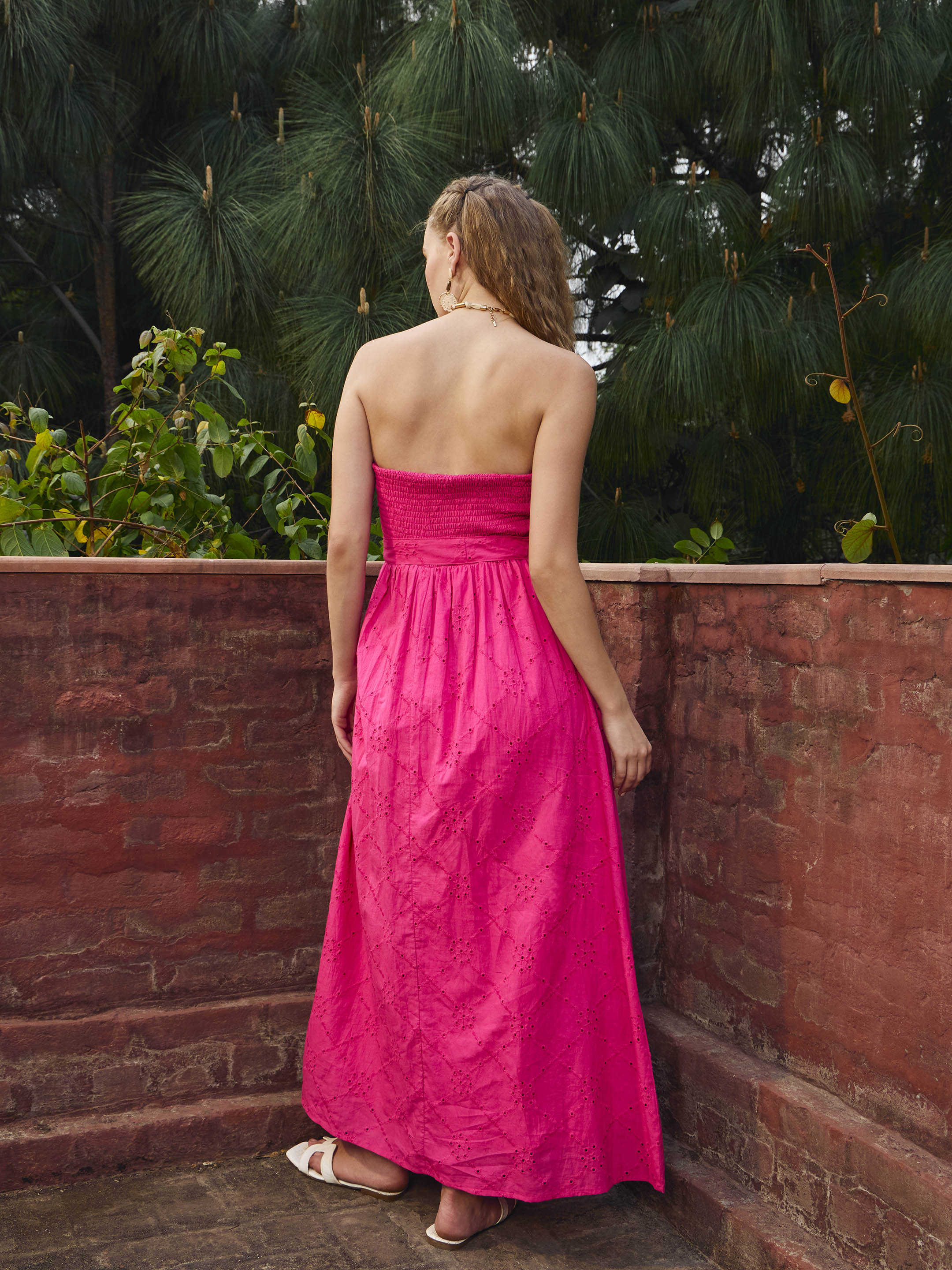 Women Magenta Schiffli Smocking Detail Midi Dress