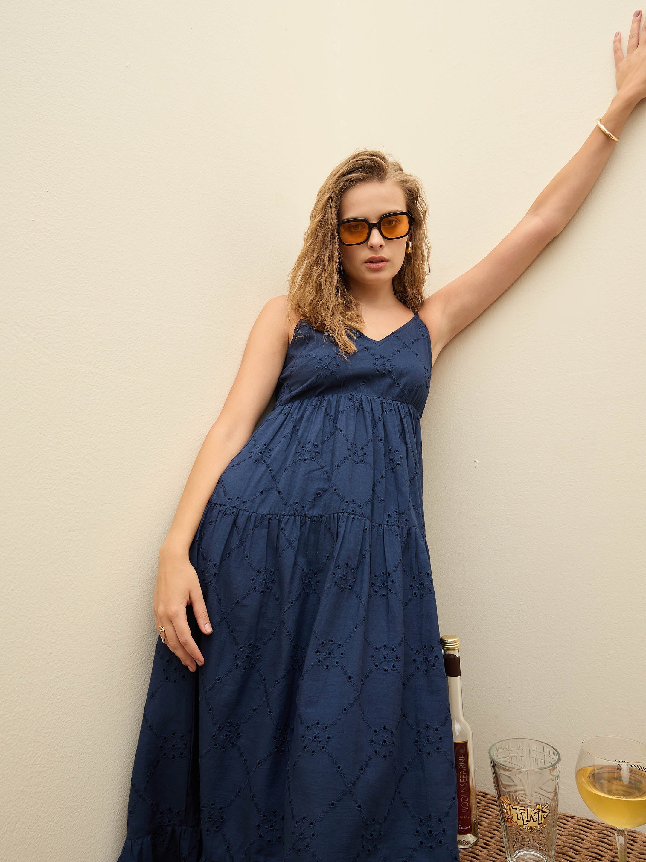 Women Navy Schiffli V-Neck Smocked Back Strappy Midi Dress