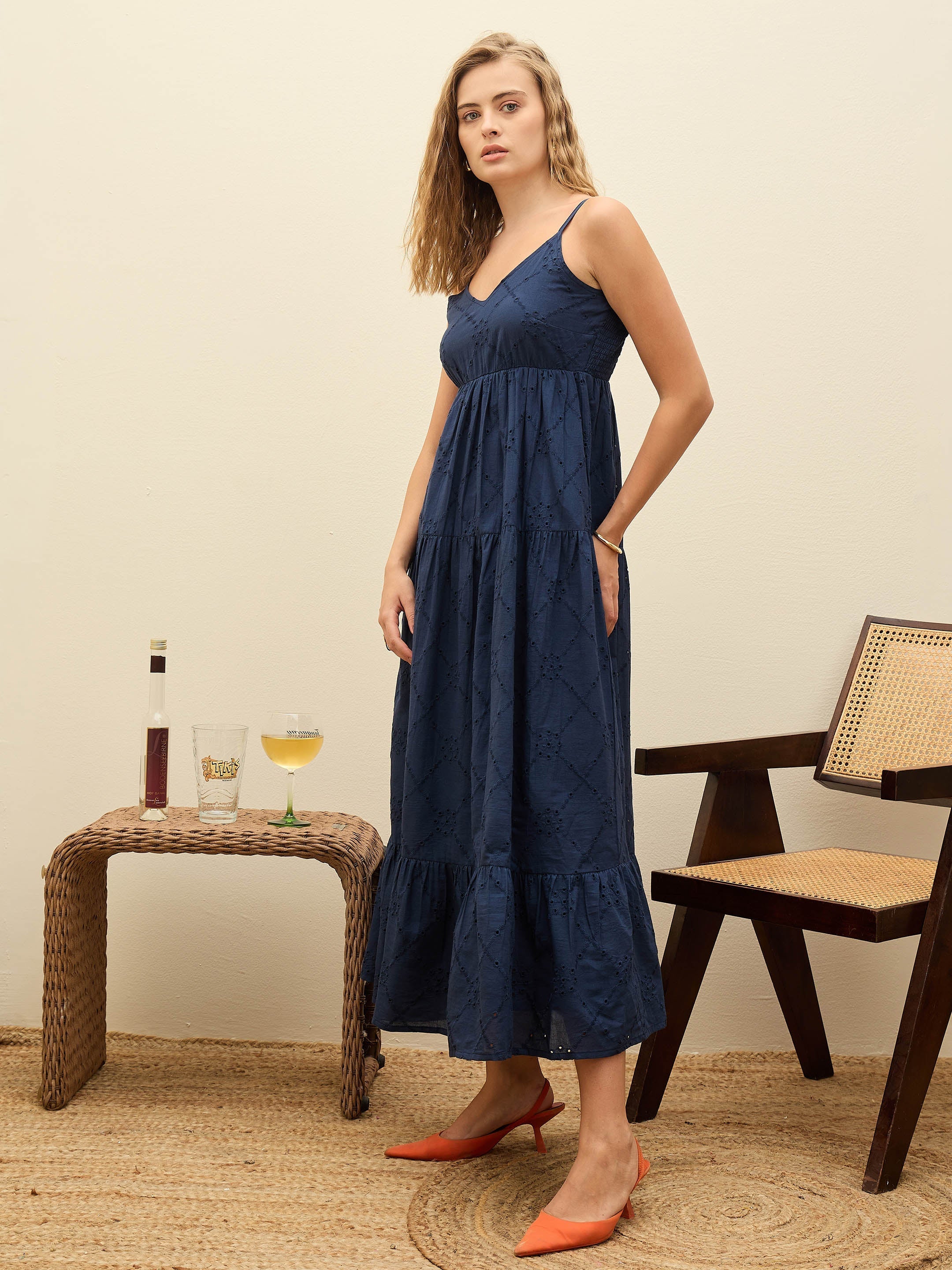 Women Navy Schiffli V-Neck Smocked Back Strappy Midi Dress