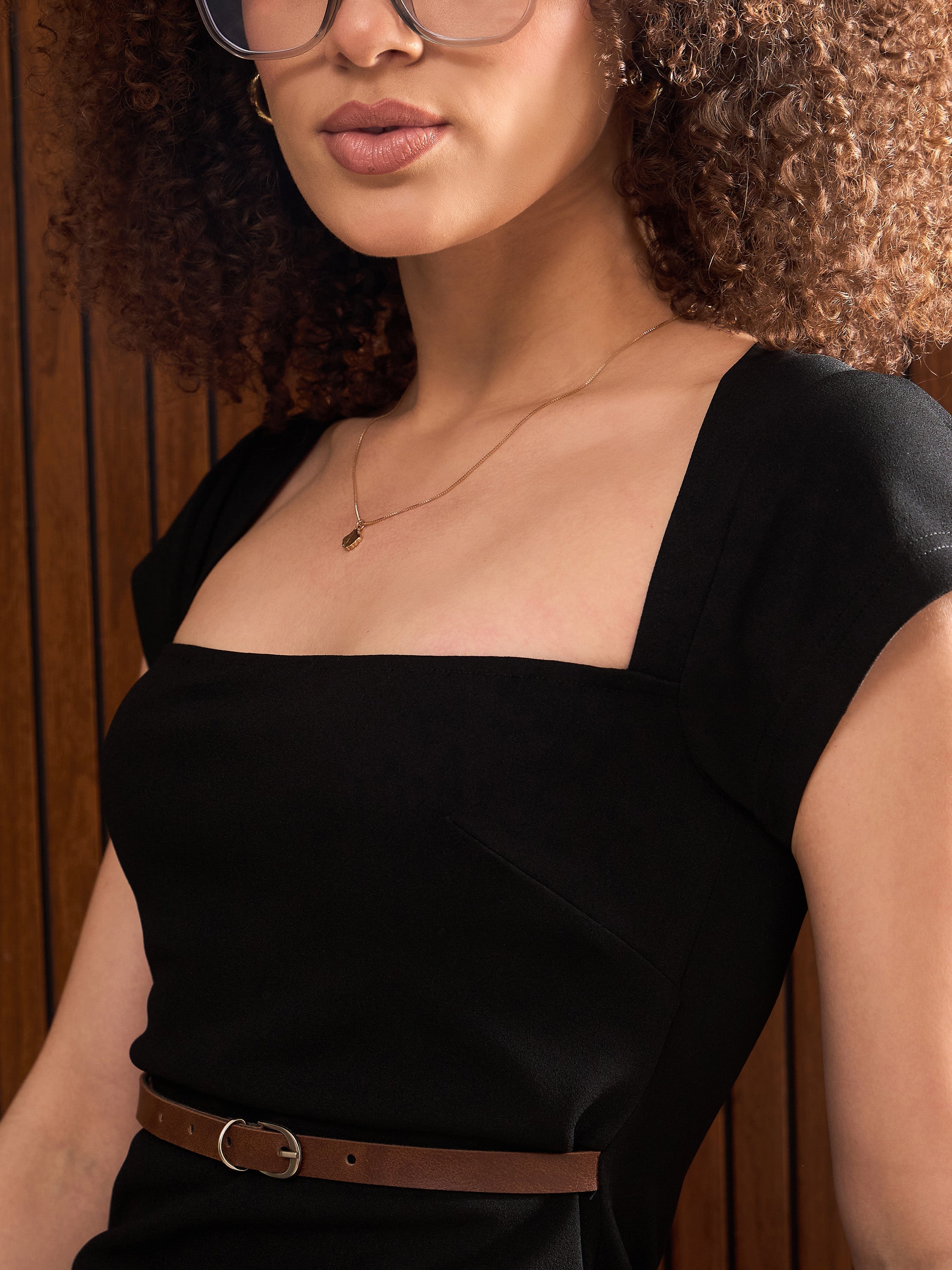 Women Black Belted Bodycon Midi Dress