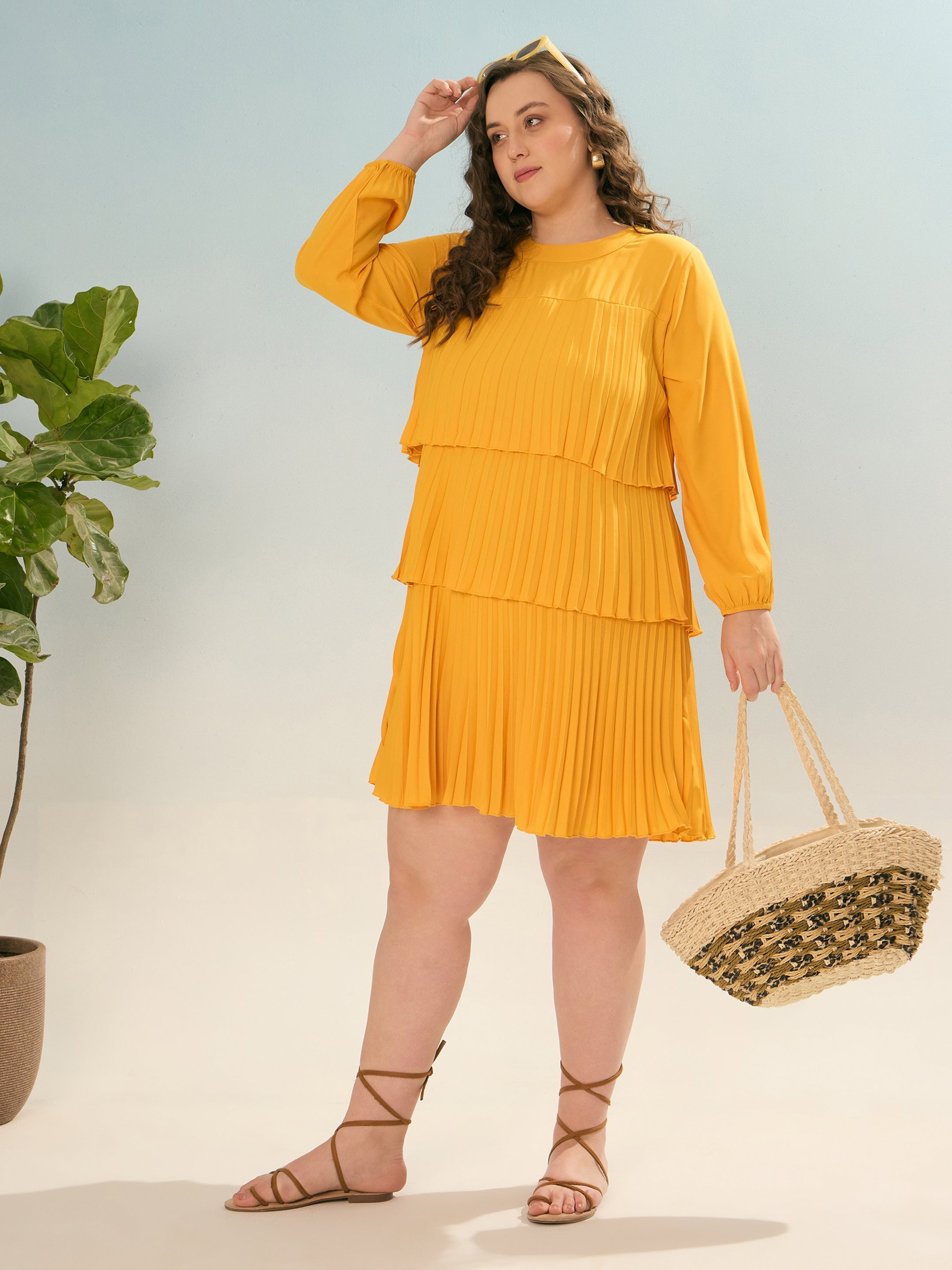 Women Mustard Pleated Skater Tiered Dress
