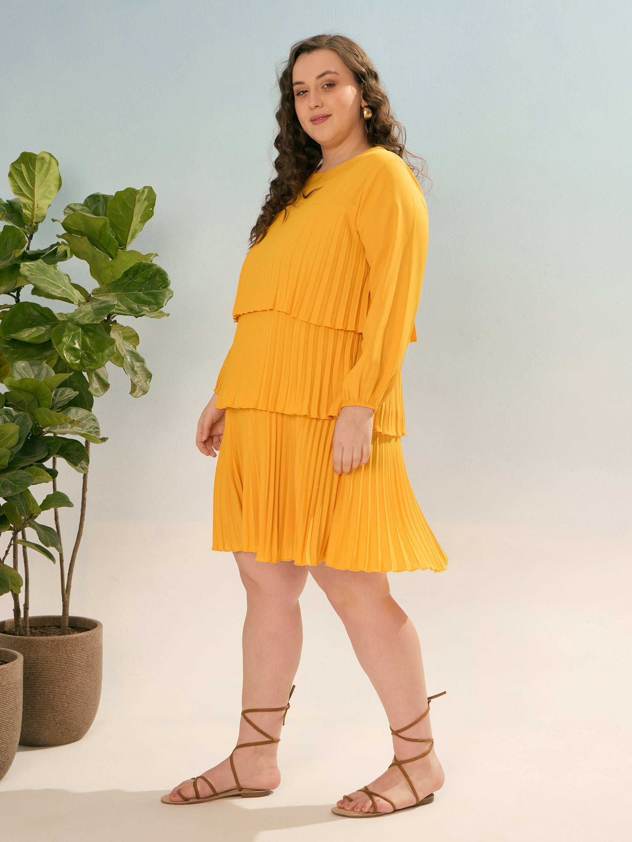 Women Mustard Pleated Skater Tiered Dress