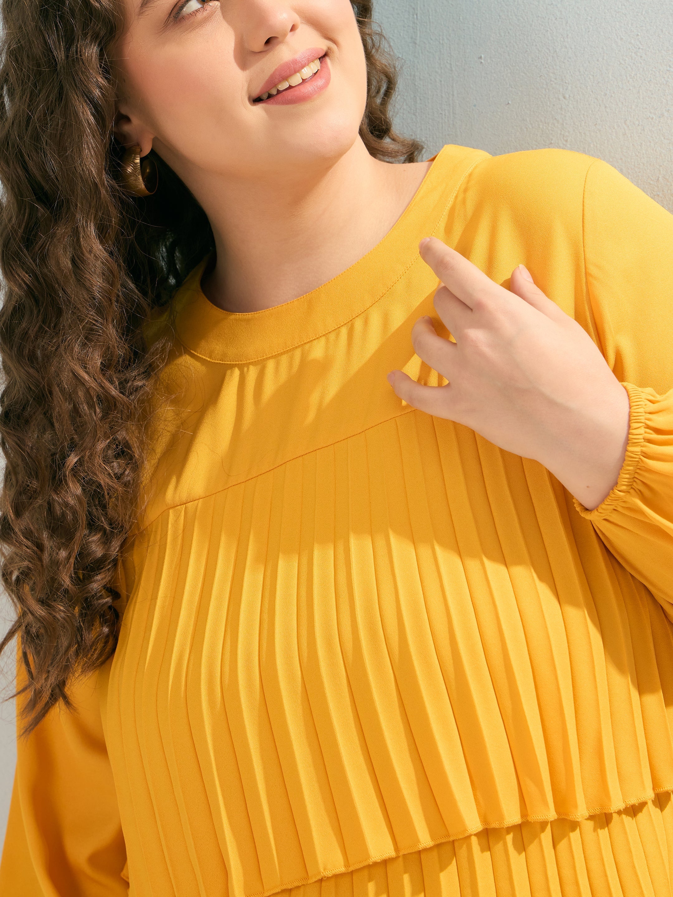 Women Mustard Pleated Skater Tiered Dress