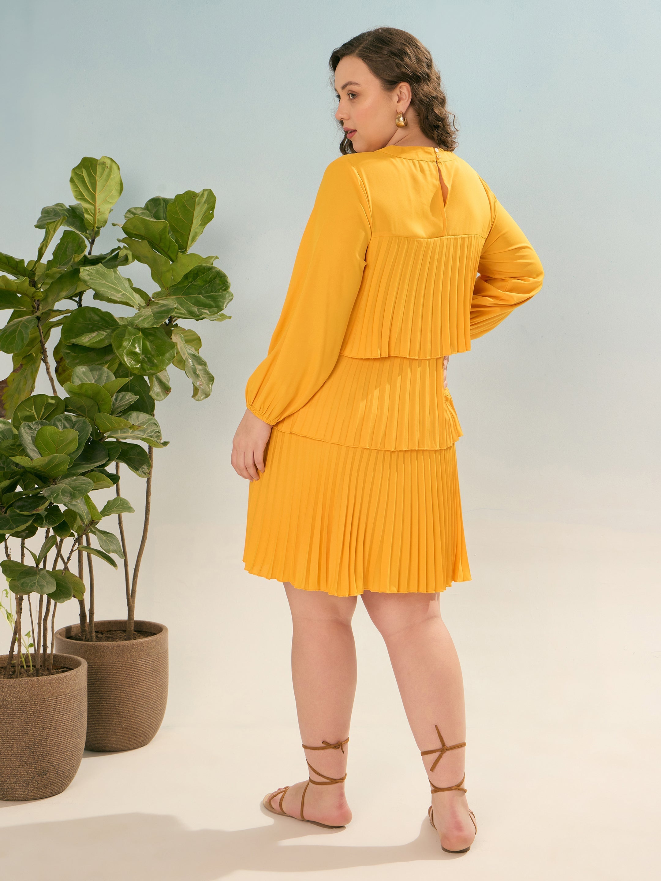 Women Mustard Pleated Skater Tiered Dress