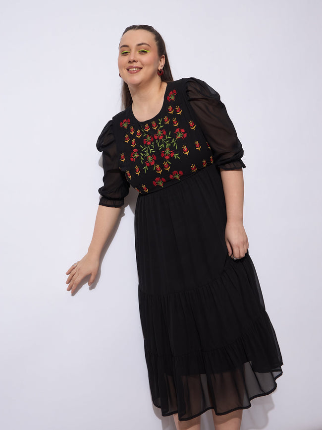 Women Black Embroidered Georgette Tiered Midi Dress