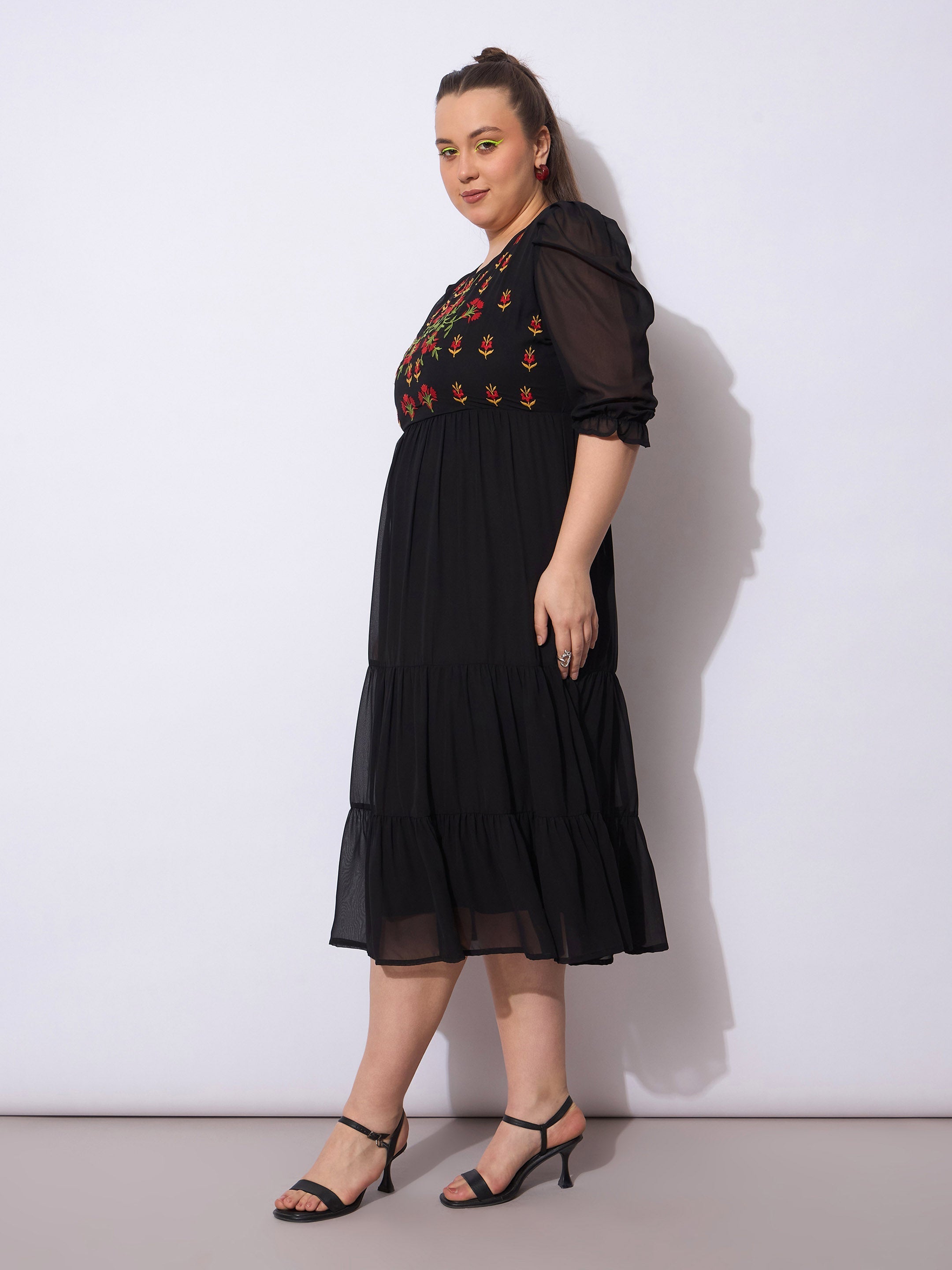 Women Black Embroidered Georgette Tiered Midi Dress