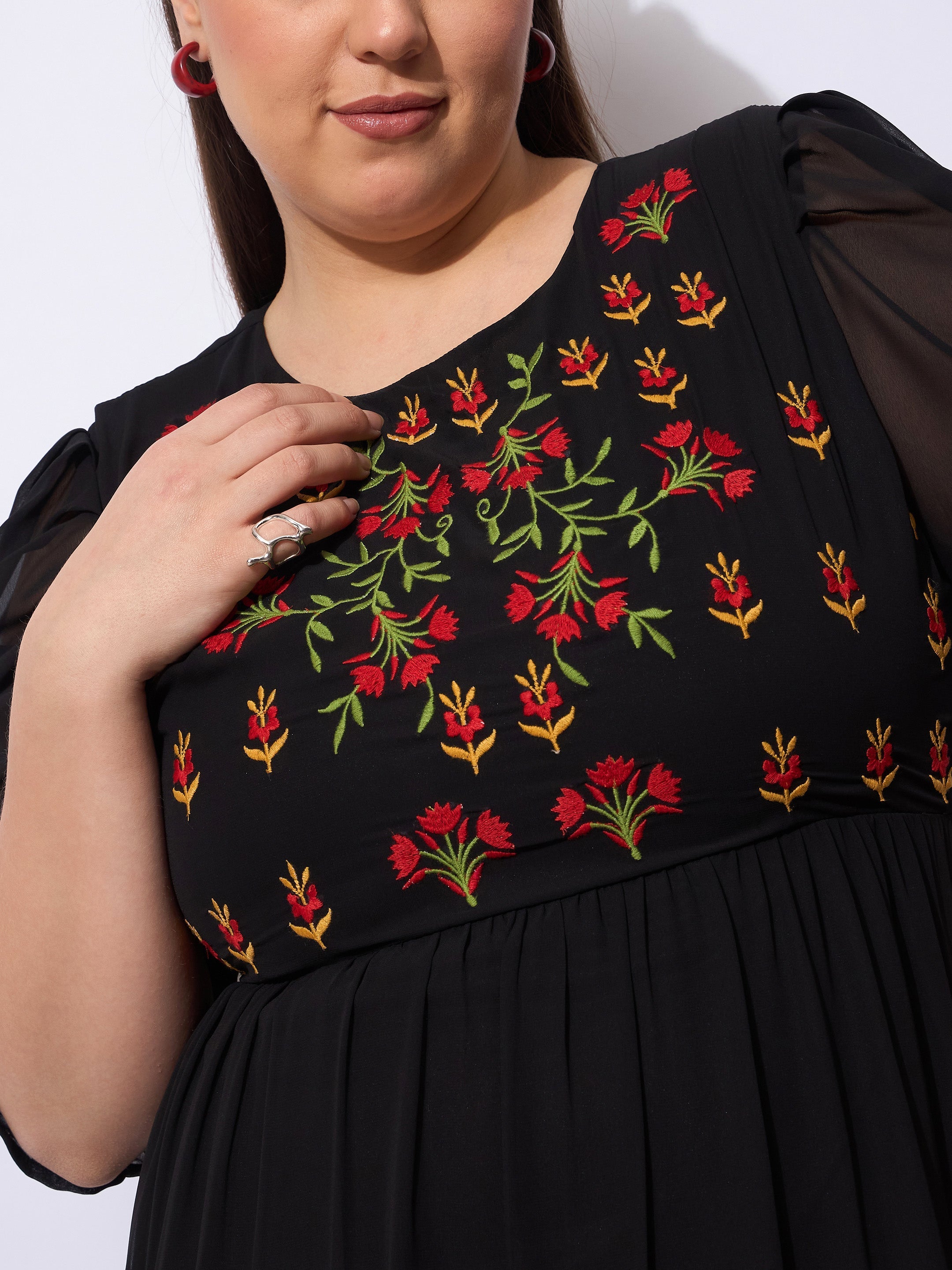 Women Black Embroidered Georgette Tiered Midi Dress