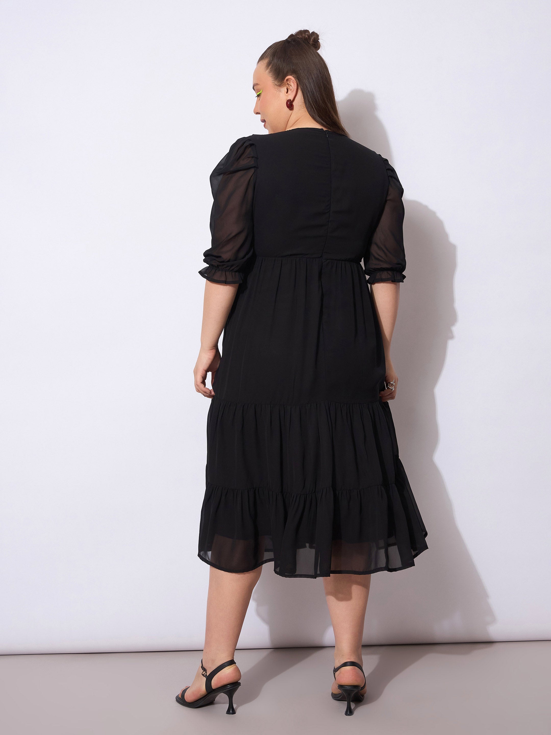 Women Black Embroidered Georgette Tiered Midi Dress