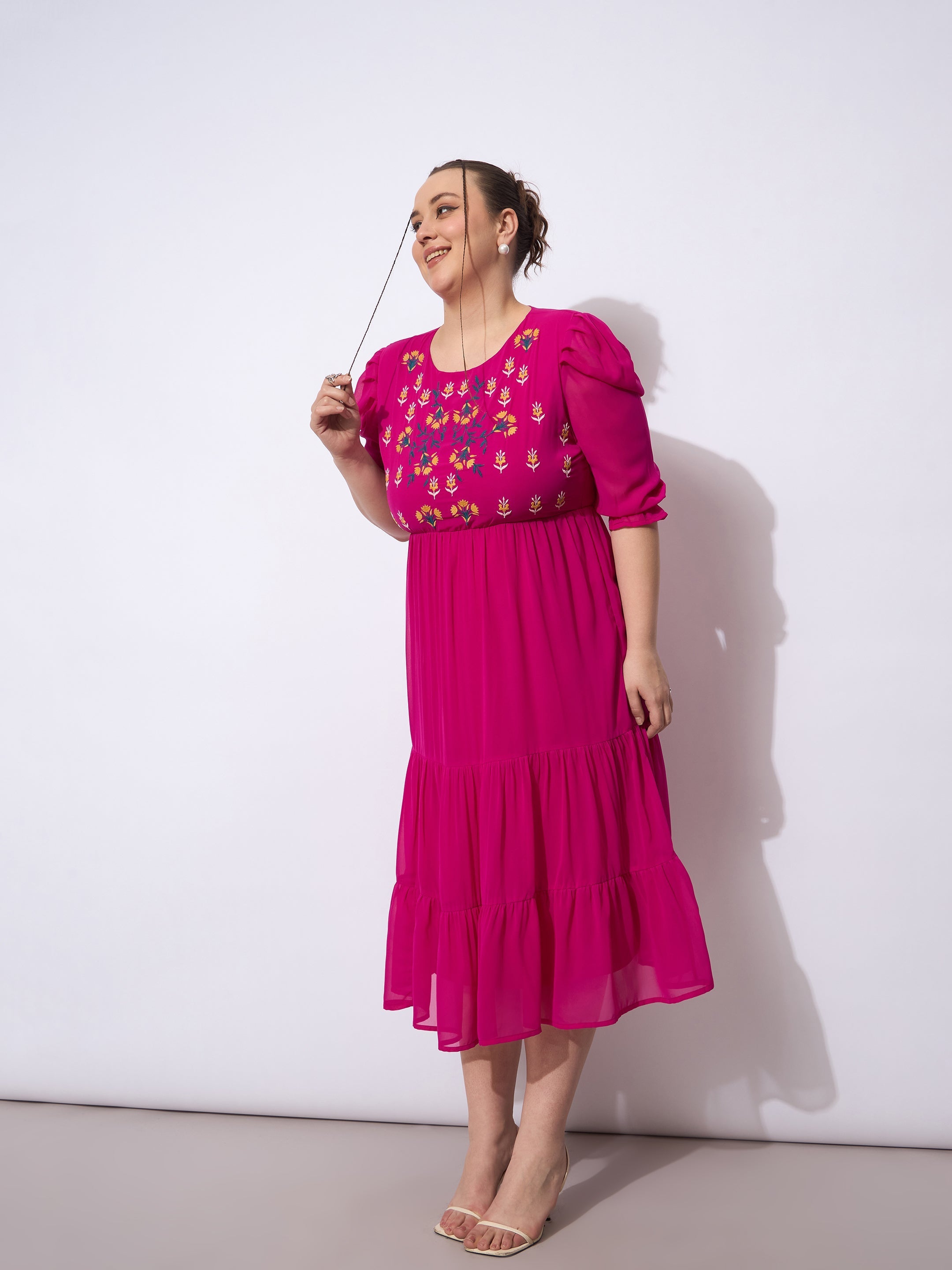 Women Magenta Embroidered Georgette Tiered Midi Dress