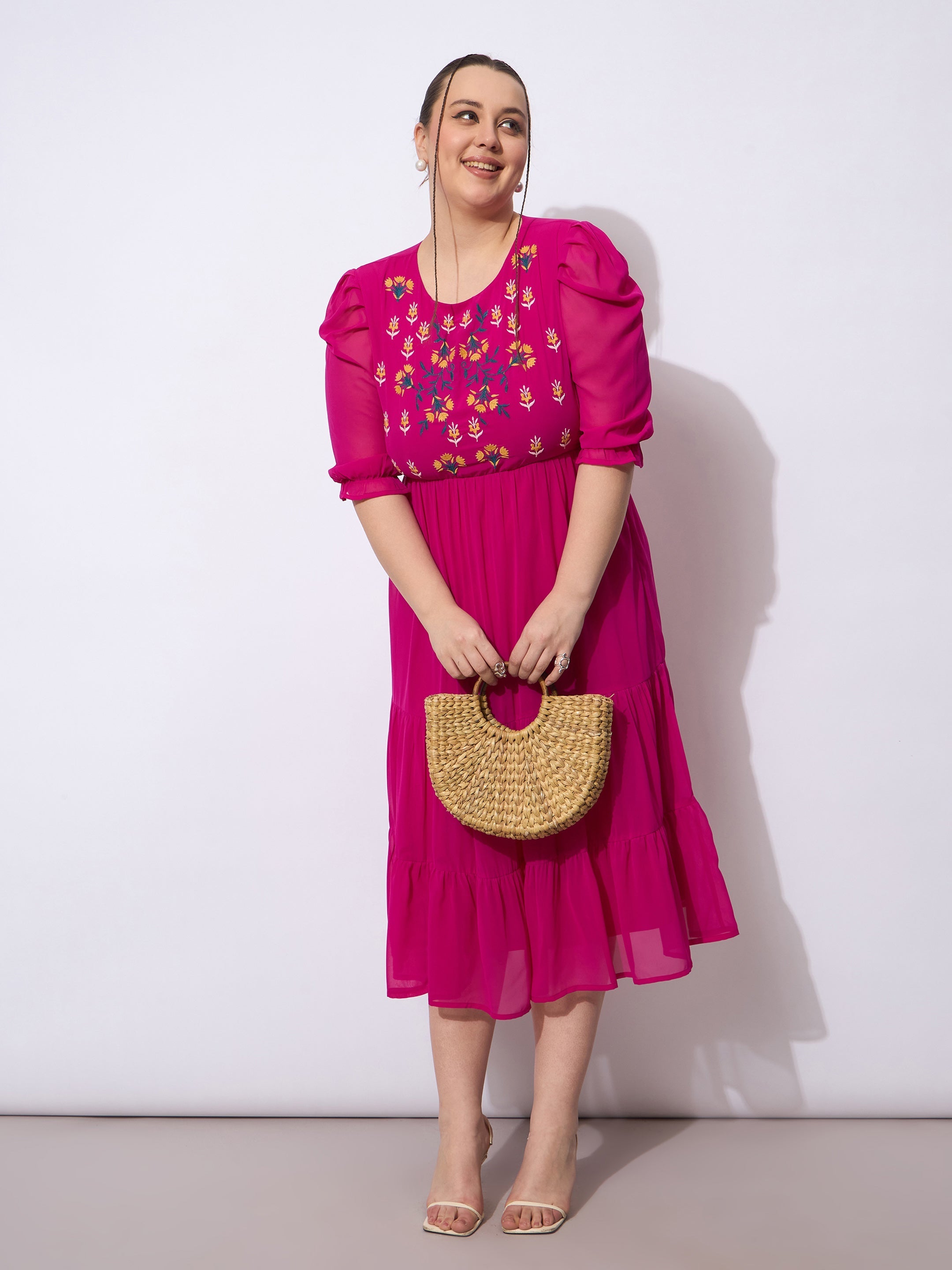 Women Magenta Embroidered Georgette Tiered Midi Dress